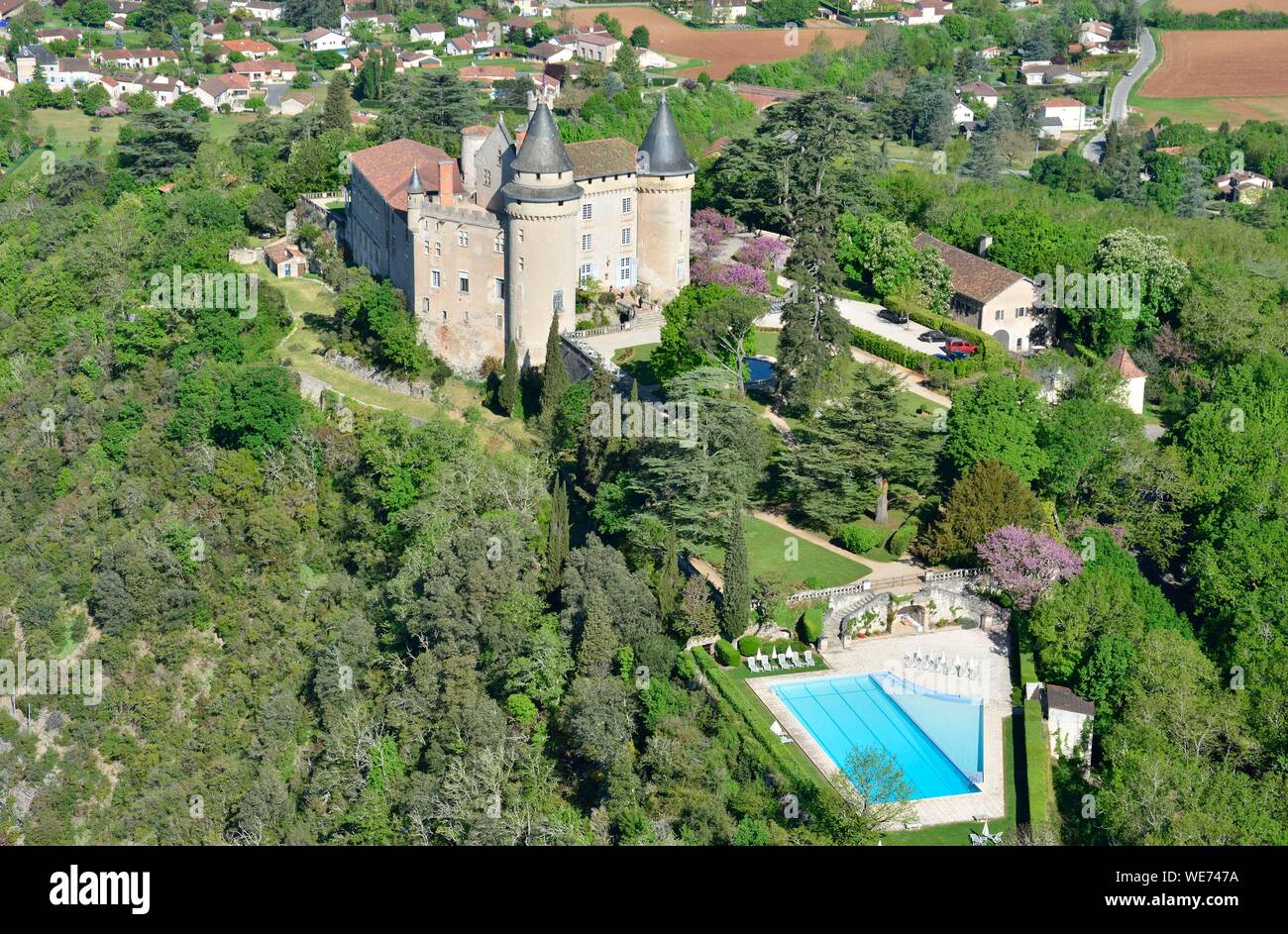 Francia, Lot, el castillo de Mercues, hotel de la empresa Relais et Chateaux (vista aérea) Foto de stock