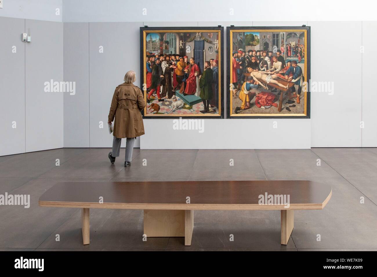 Bélgica, Flandes Occidental, brujas, centro histórico catalogado como Patrimonio Mundial por la UNESCO, Museo Groeninge, óleo sobre panel de Gerard David titulado sentencias de Cambyse (1498) Foto de stock