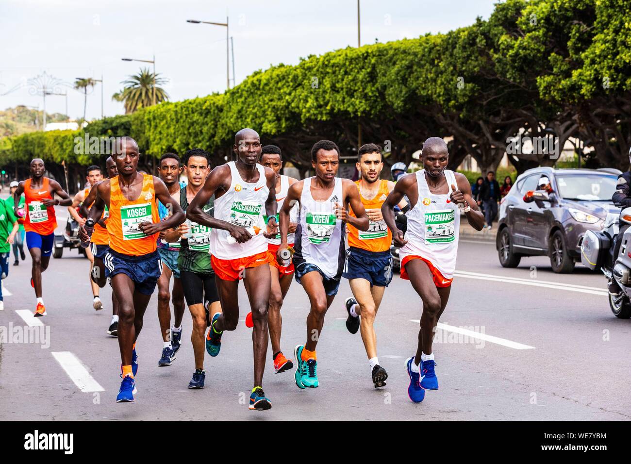 Marruecos, Rabat, Rabat Maratón Internacional, el grupo de liderazgo Foto de stock