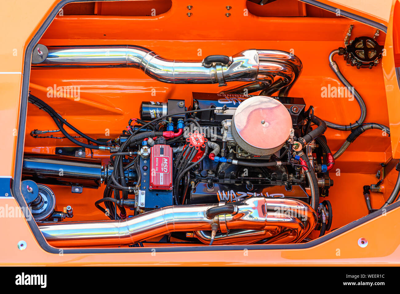 2019 Super barco Grandes Lagos día Grand Prix 1, piscinas secas AMH bote con motor instalado desde Team WAZZUP. Foto de stock