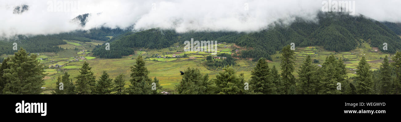 Los campos y el campo en el valle de Phobjikha, Bhután occidental, panorama Foto de stock