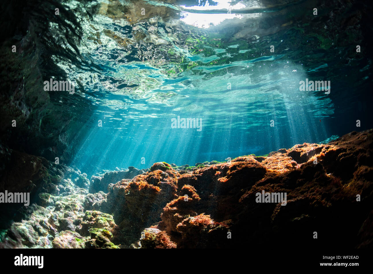 Los rayos de luz solar en la cueva submarina Foto de stock