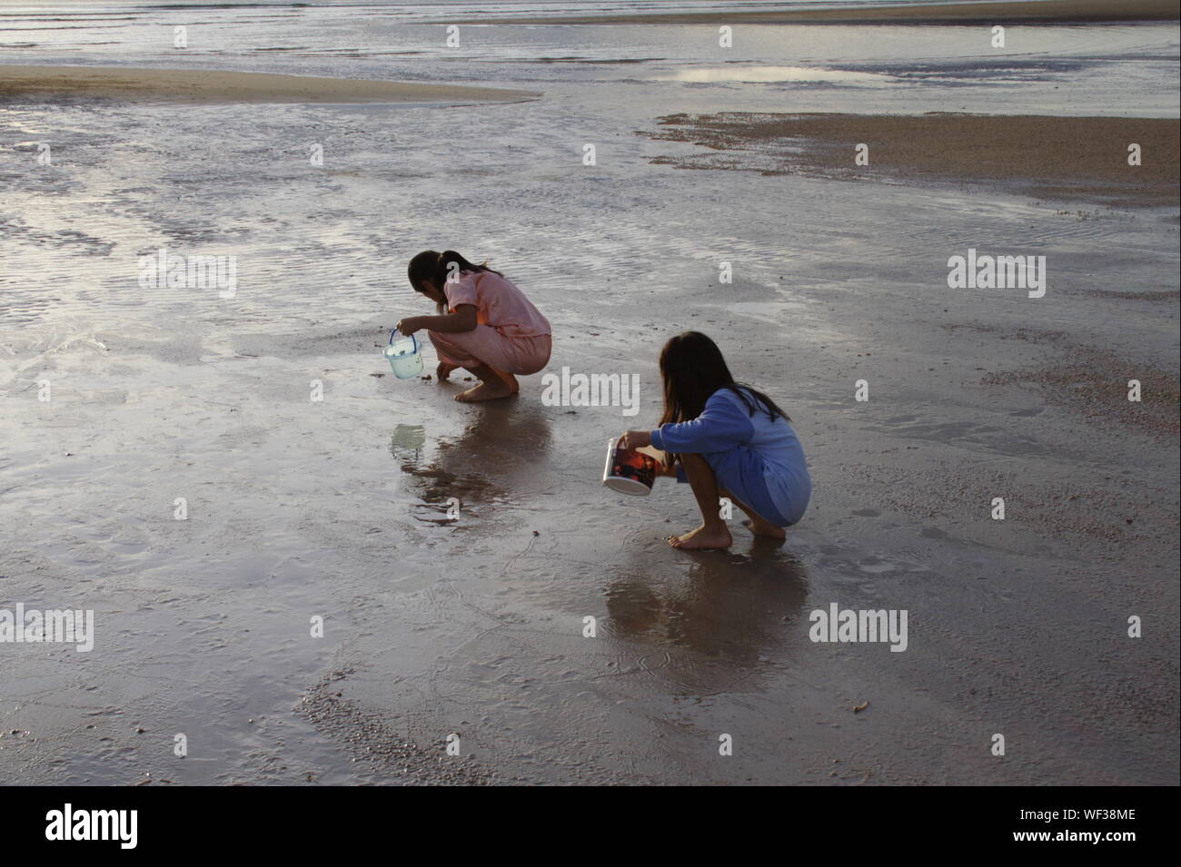 Vista trasera de niñas jugando en la playa Foto de stock