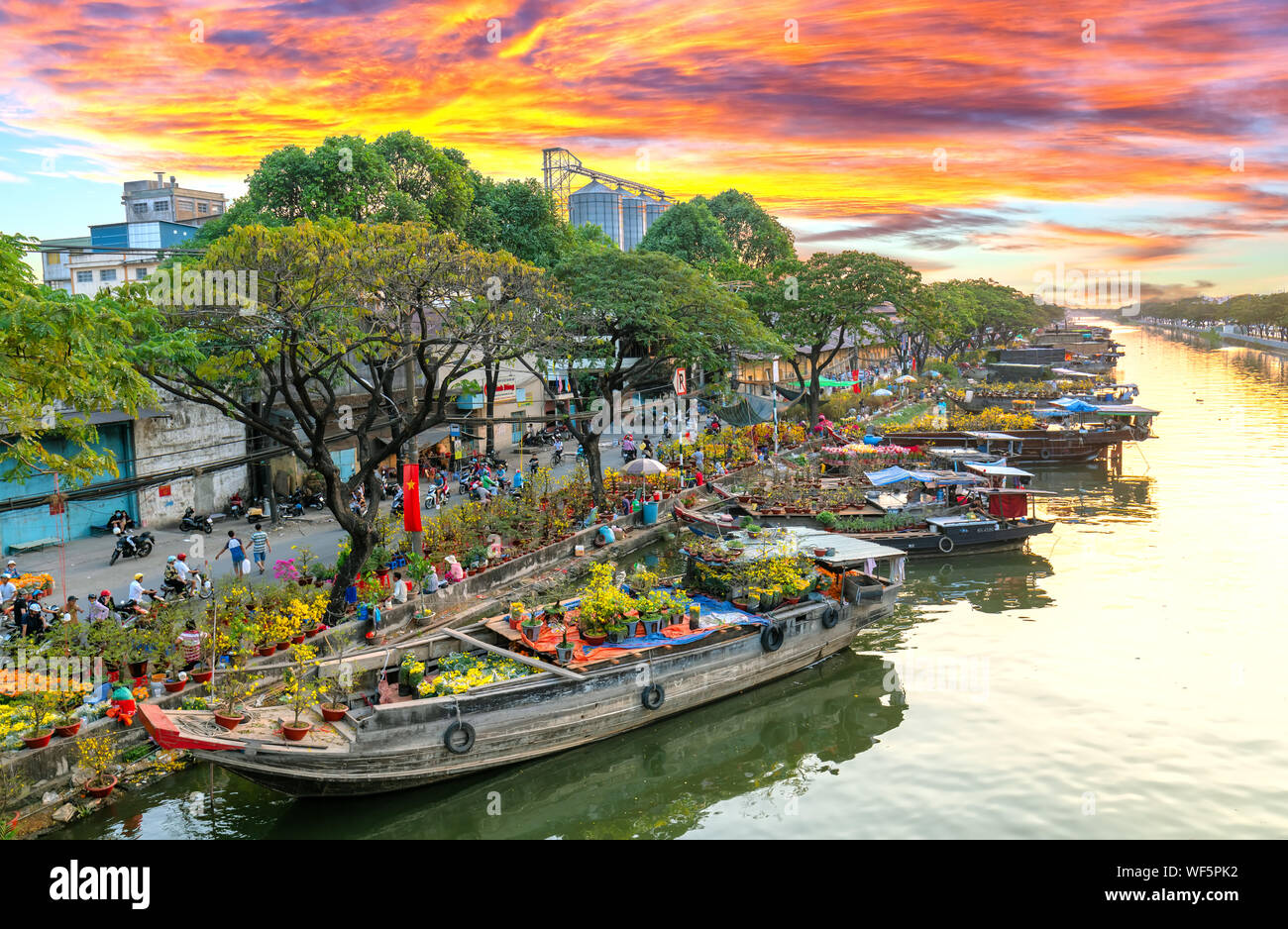 Sunset EMBARCADERO embarcadero junto al canal del mercado de flores. Este es el lugar los agricultores venden albaricoque y otras flores en el Año Nuevo Lunar en Ciudad Ho Chi Minh, Vietnam Foto de stock