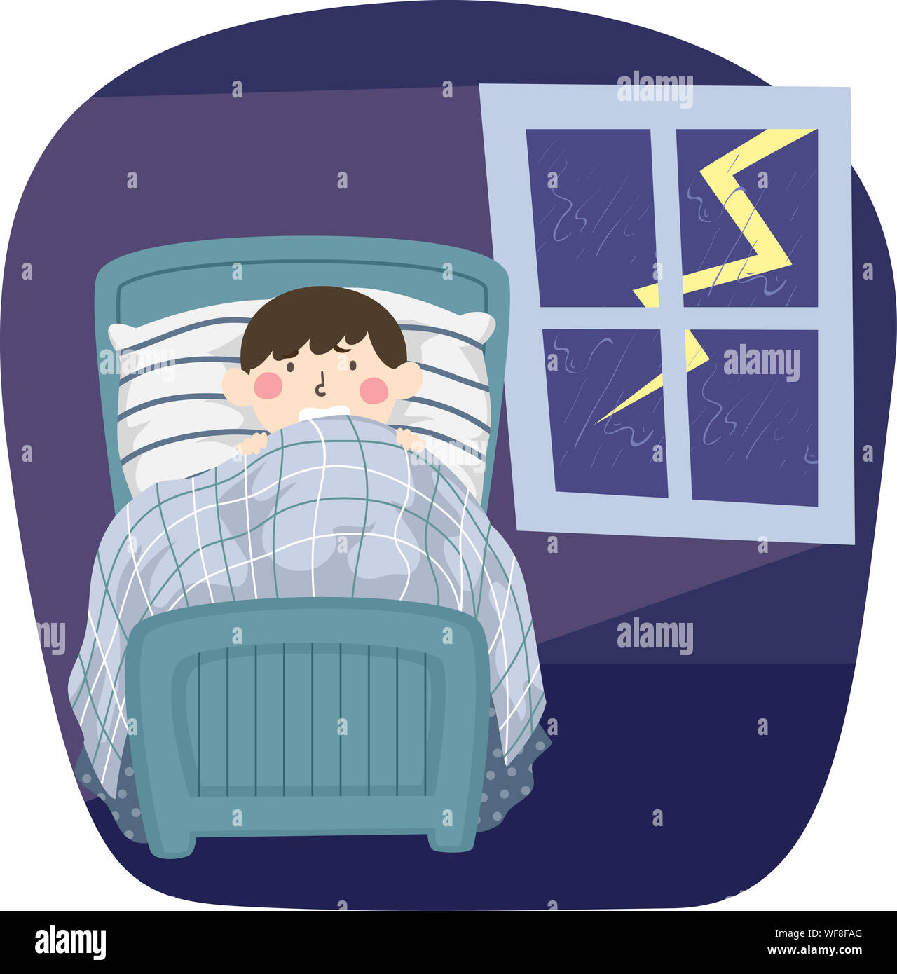 Ilustración de un niño chico está asustada de un rayo mientras está