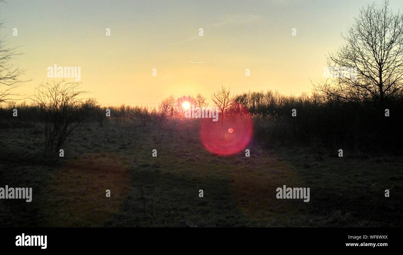 Vista panorámica del campo contra el cielo durante la puesta de sol Foto de stock