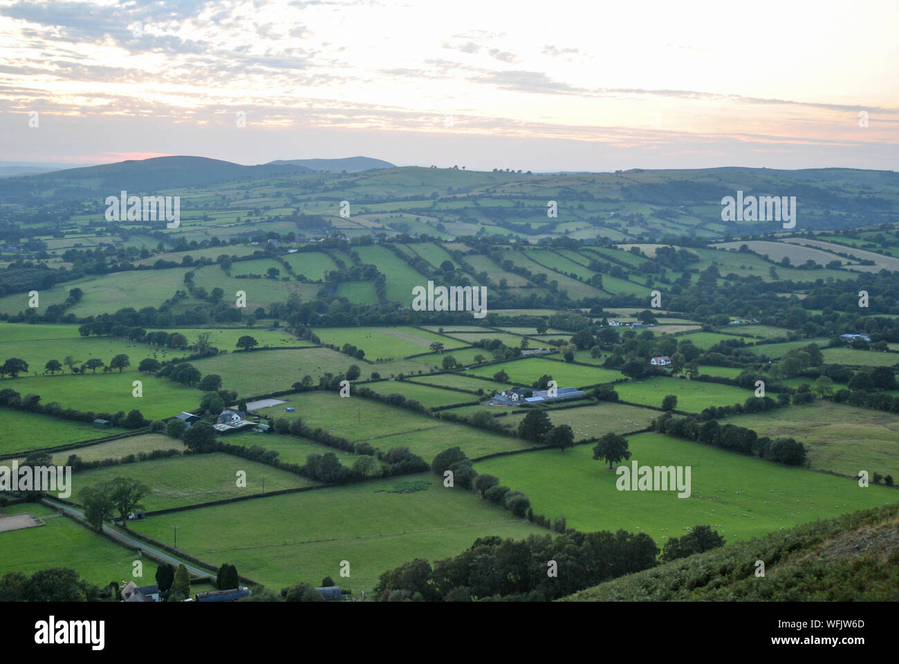 Una escena mostrando un amplio valle y campos verdes en el Longmynd en Shropshire, Reino Unido en una tarde noche de verano Foto de stock