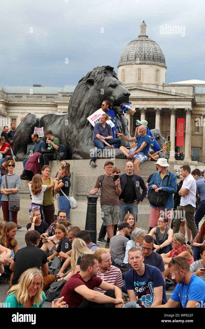 Londres, Reino Unido. El 31 de agosto de 2019. Los manifestantes bloquean los caminos alrededor de Trafalgar Square para protestar por la propuesta de suspensión del Parlamento por Boris JohnsonCredit: Paul Brown/Alamy Live News Crédito: Paul Brown/Alamy Live News Foto de stock