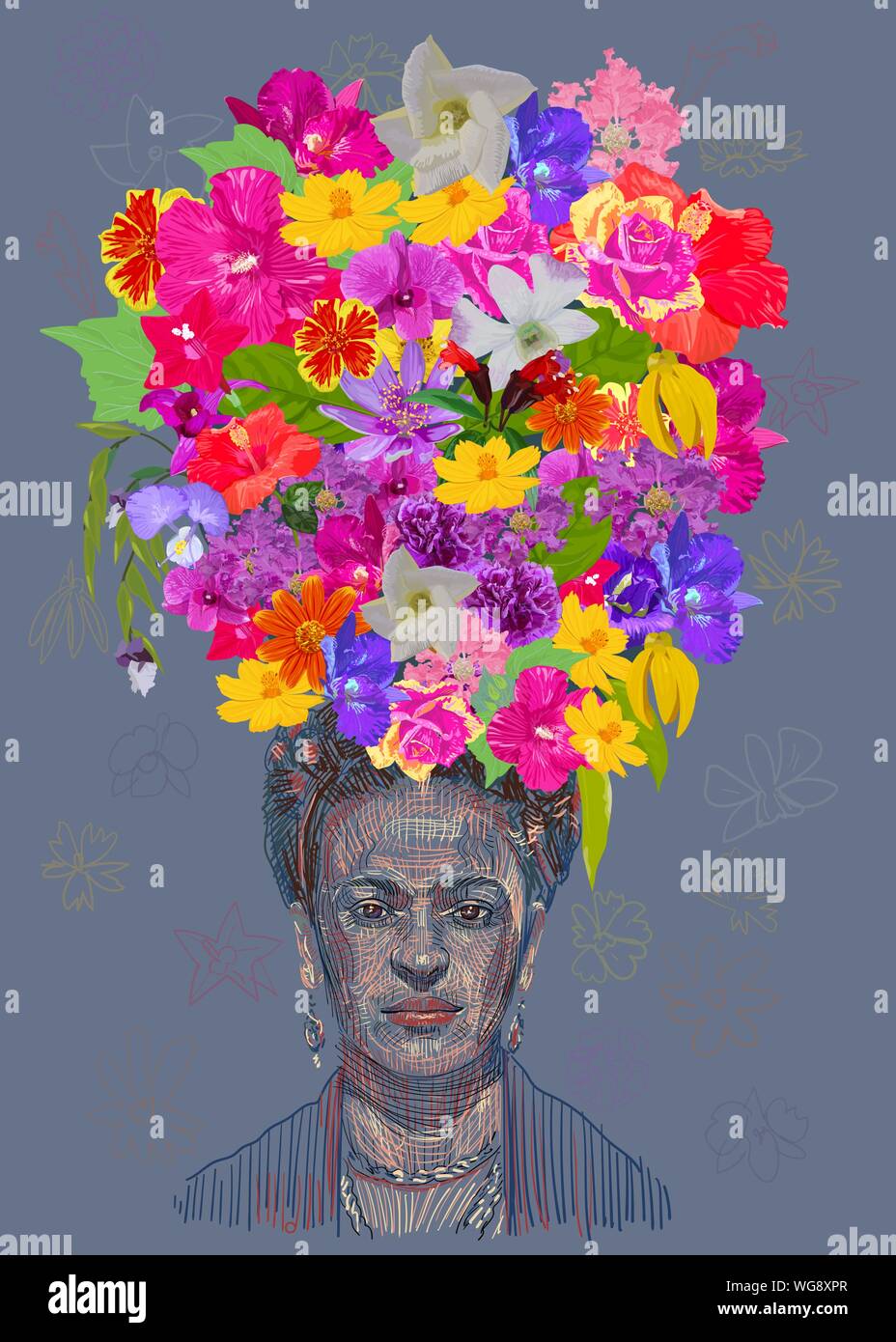 Dibujo de Frida Kahlo, retrato de una joven hermosa mujer mexicana con un  peinado tradicional de gran colorido y corona de flores en la cabeza. ilu  vectorial Imagen Vector de stock -