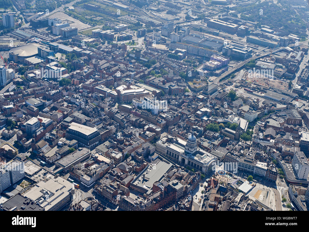 En el centro de la ciudad de Nottingham desde el aire, East Midlands, Inglaterra, Reino Unido. Foto de stock
