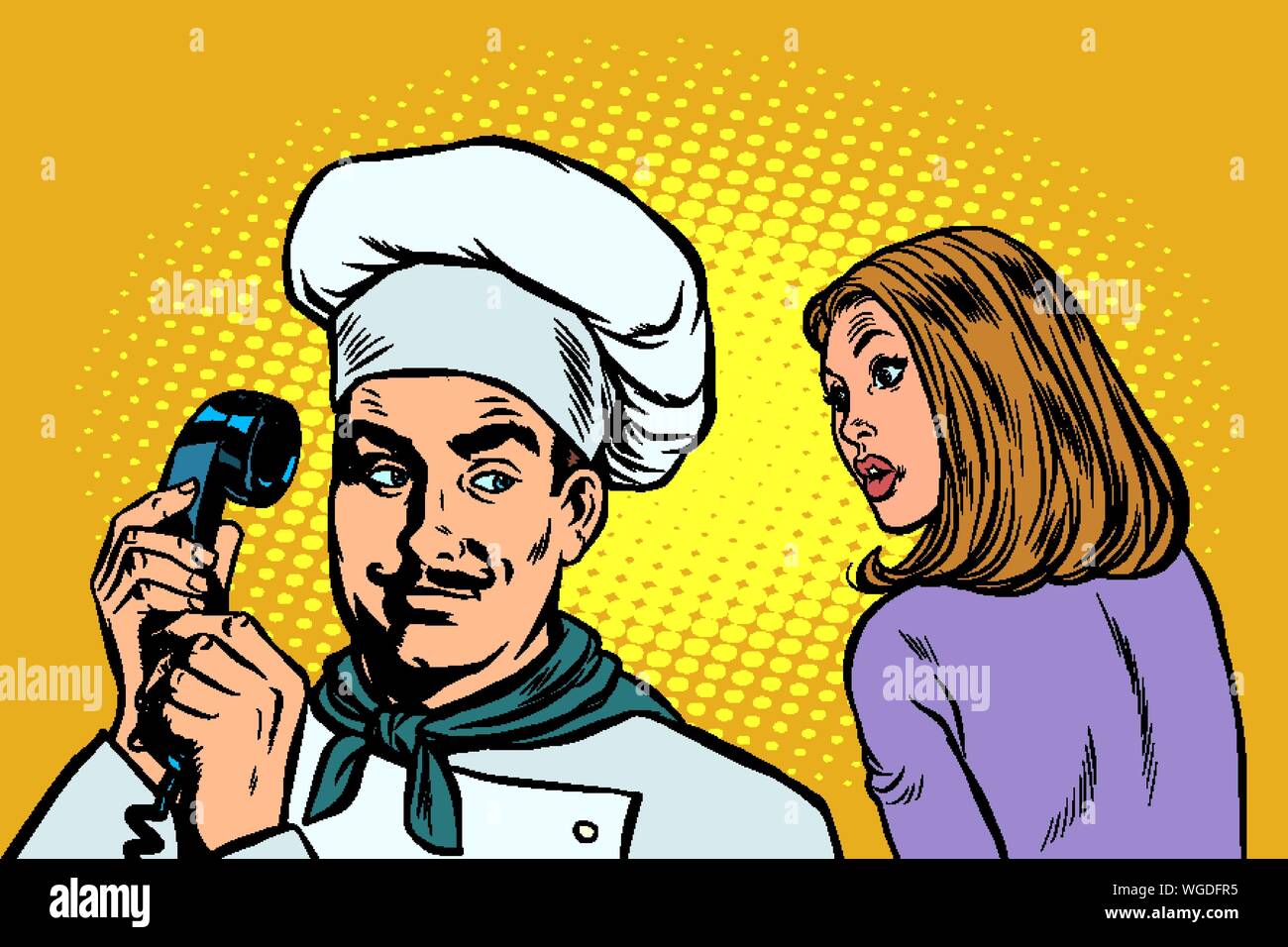 Chef en el teléfono, una mujer escucha del cliente. Pop art retro dibujo ilustración vectorial Ilustración del Vector