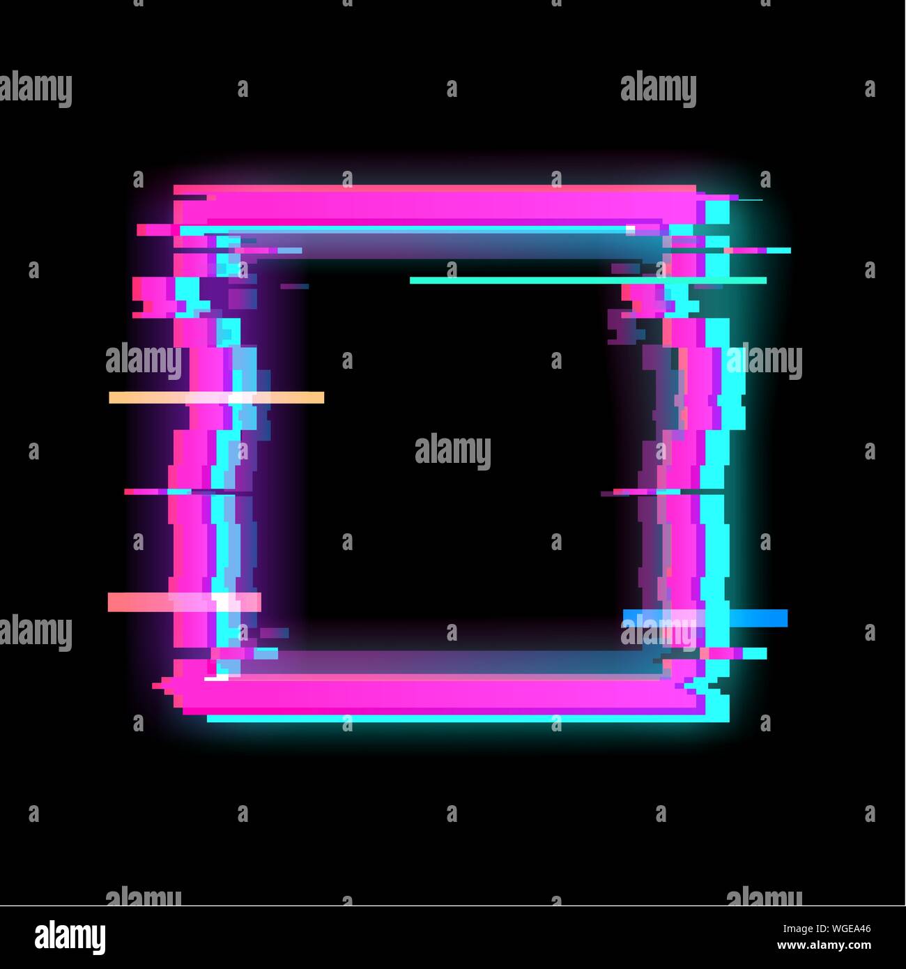 Glitch colorida forma geométrica cuadrada, bastidor con neón glitch efecto Ilustración del Vector