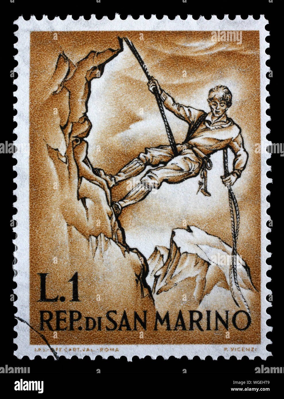 Sello emitido en San Marino muestra montañismo, series, circa 1962. Foto de stock