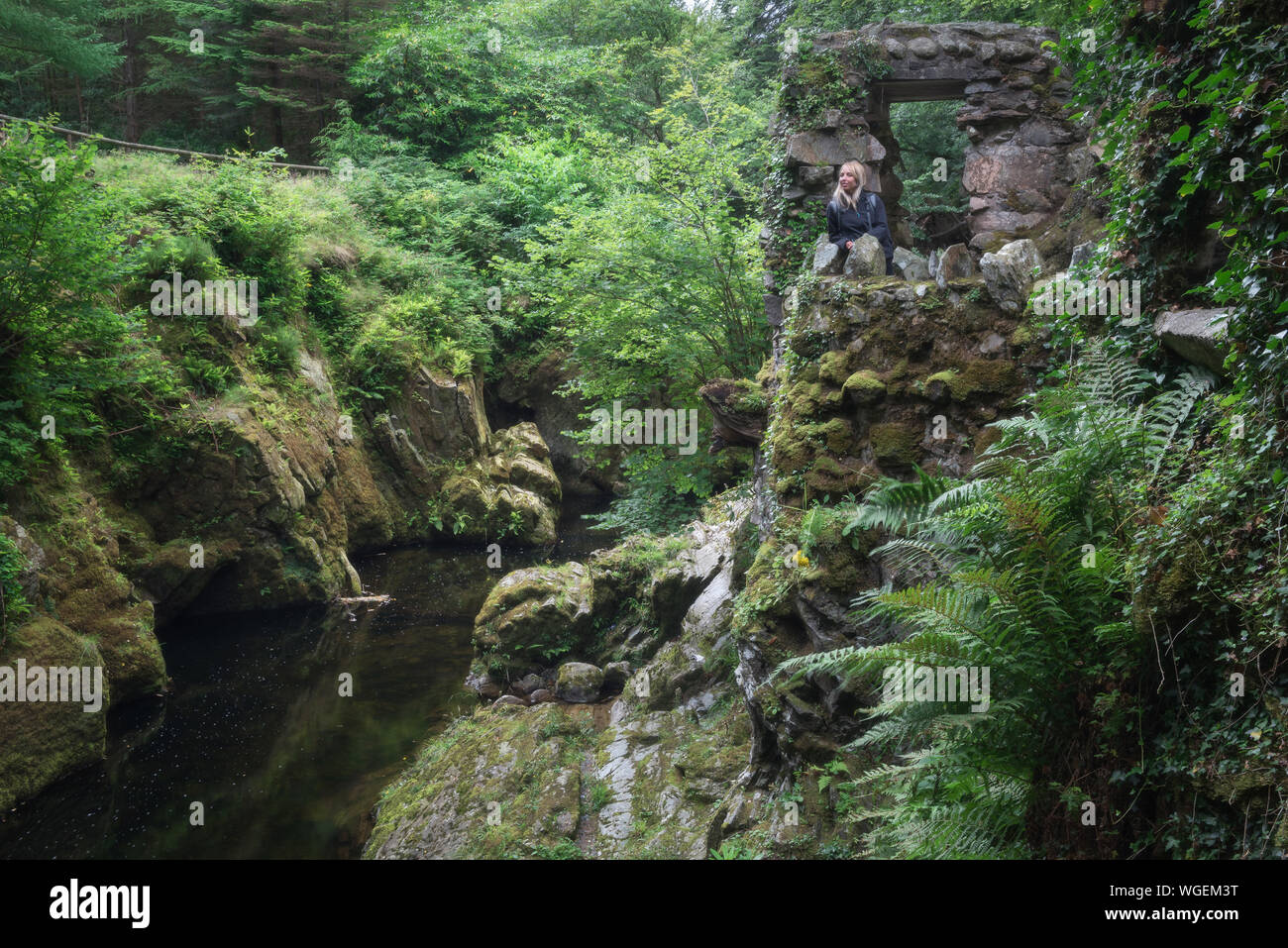 Mujer de pie sobre la vieja ruina por río en medio de árboles en el Parque Forestal de Tollymore Foto de stock