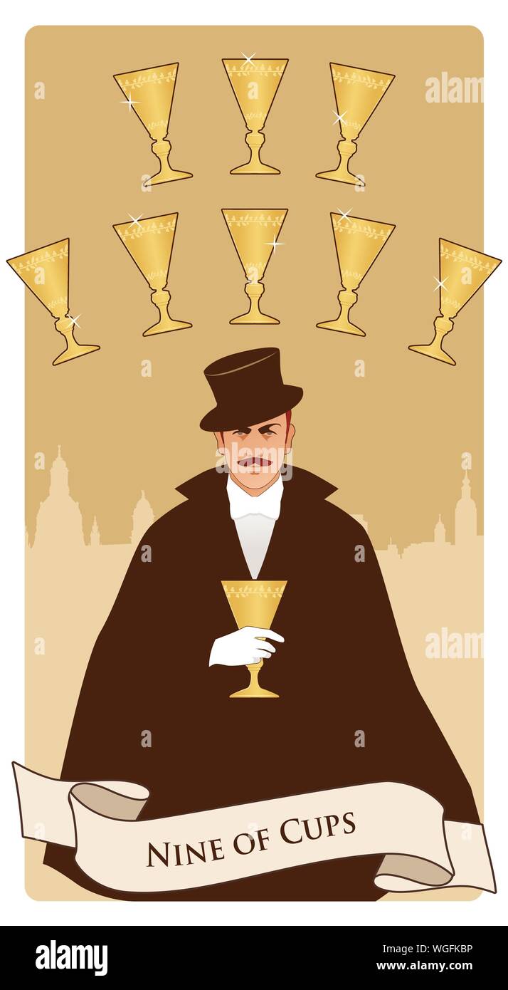 Nueve de copas. Cartas del Tarot. Elegante caballero en un guante blanco,  con un bigote y sombrero, sosteniendo un cáliz de oro. Sky line de una gran  ciudad en el backgr Imagen