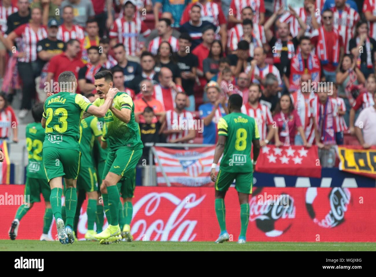 Madrid, España. 01 Sep, 2019. Madrid, España; el 01/09/2019.El fútbol de la Liga match 03 2019-2020 Atletico de Madrid contra la SD Eibar, celebrado en el estadio Metropolitano de Wanda, en Madrid. Charles L.C. Eibar jugador objetivo Oblack Atletico de Madrid Jugador Crédito: Juan Carlos Rojas/Picture Alliance | uso en todo el mundo/dpa/Alamy Live News Foto de stock