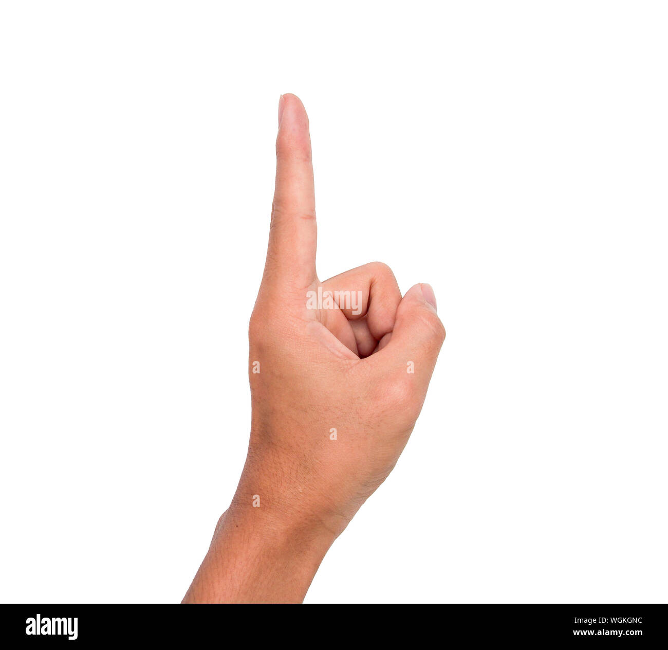 Imagen recortada de la persona que muestra el dedo índice contra el fondo blanco. Foto de stock