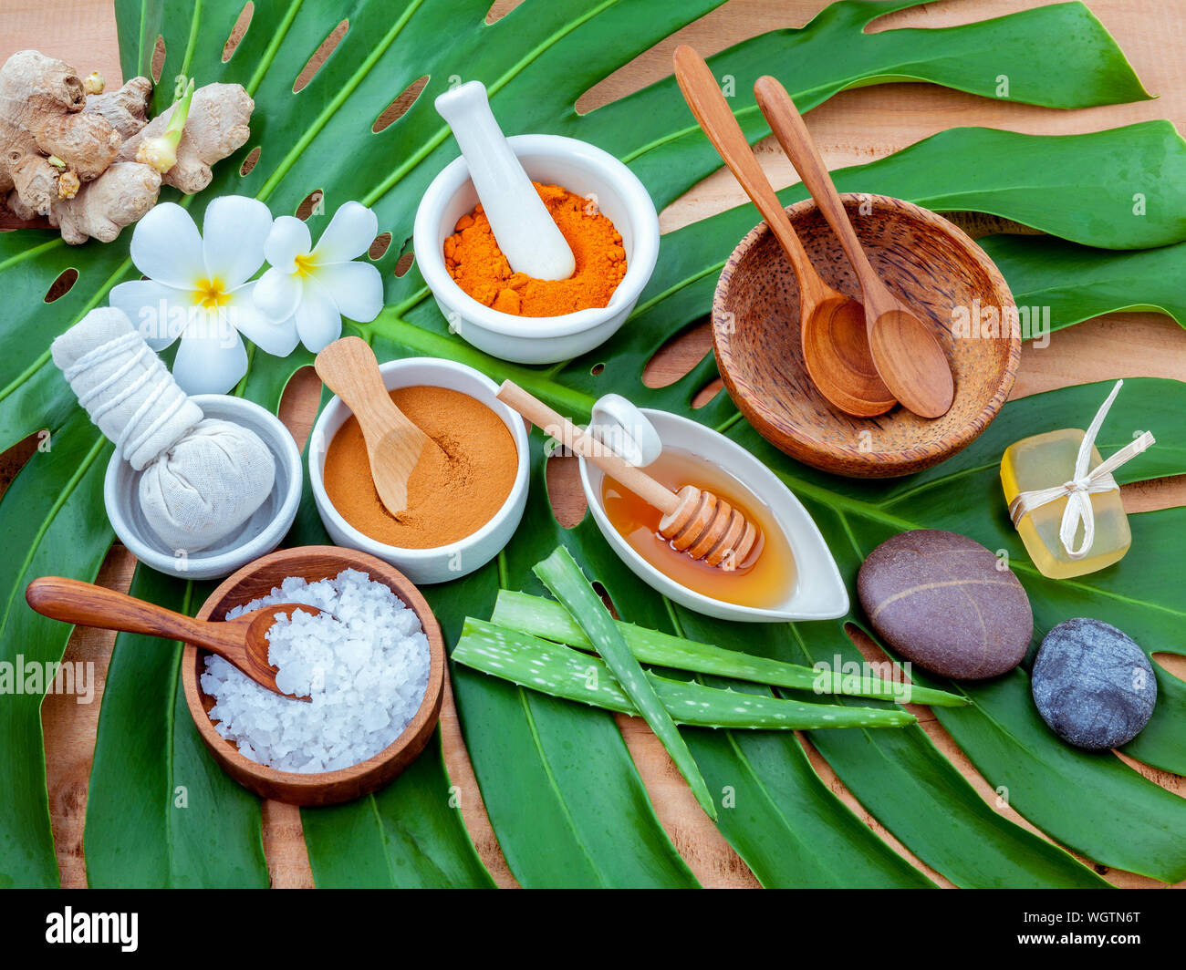 Un alto ángulo de visualización de productos de belleza naturales en la hoja Foto de stock