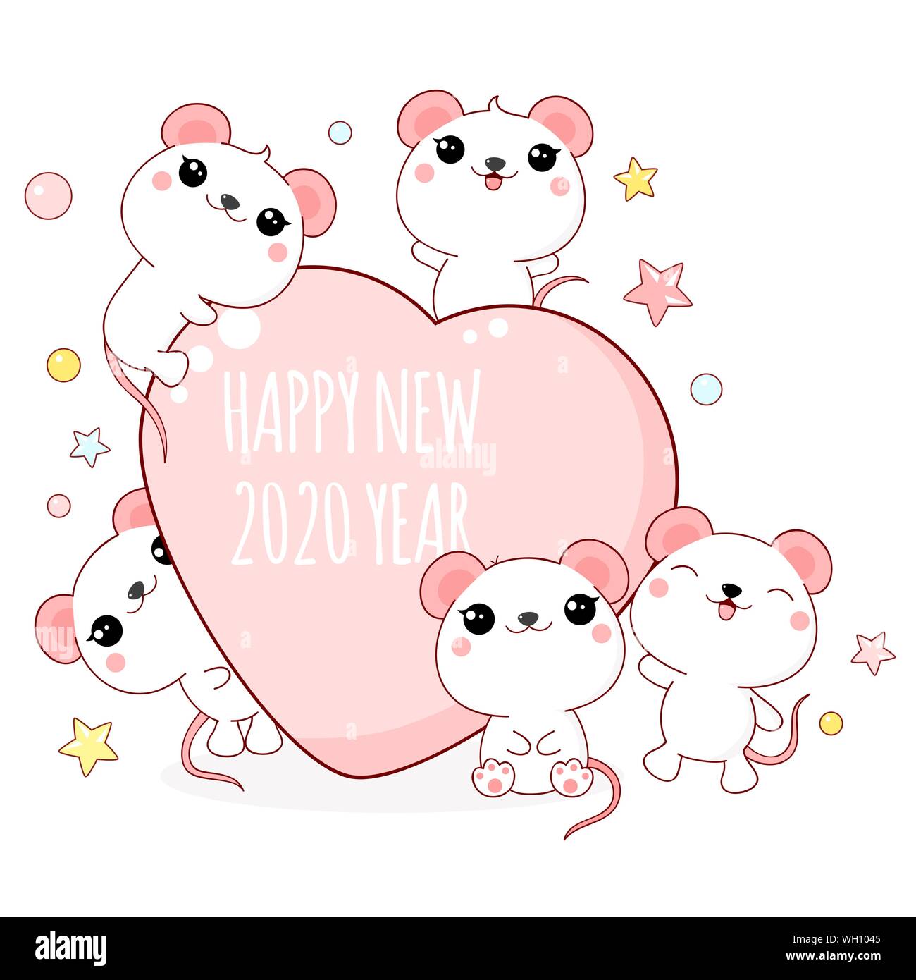 Cute Tarjeta de vacaciones en estilo kawaii. Cinco poco entrañable ratas  con corazón, inscripción Feliz año nuevo 2020. EPS8 Imagen Vector de stock  - Alamy