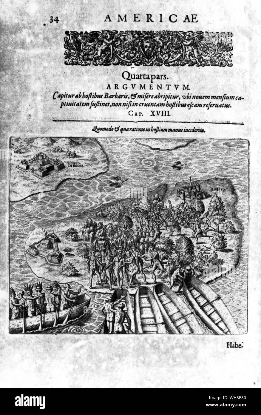 Portugués siendo asesinados por los indios de la isla de Santo Maro. Foto de stock