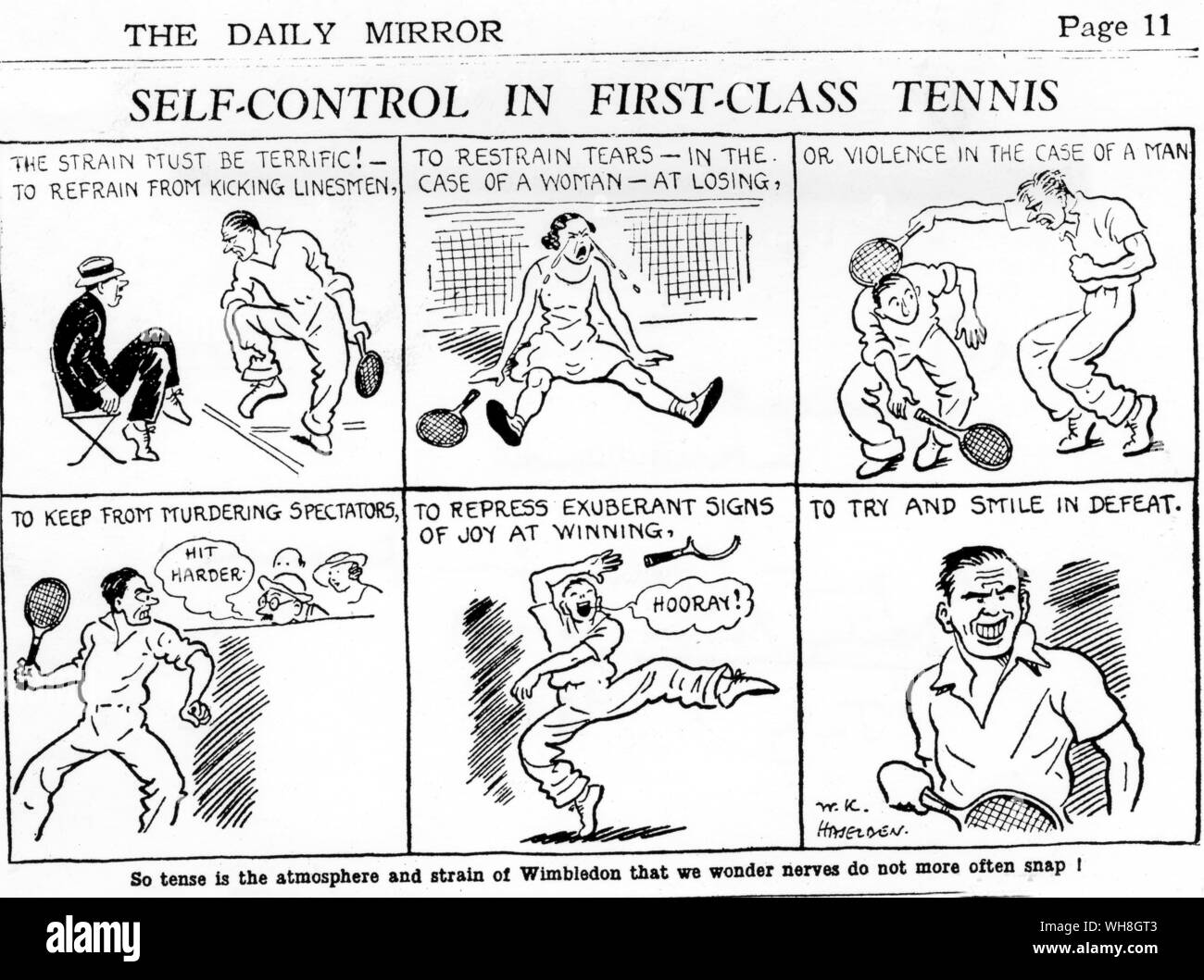 Autocontrol en tenis de primera clase, ya que parecía un Diario . Espejo dibujante en 7 de julio de 1934. La enciclopedia de tenis página 180. Foto de stock