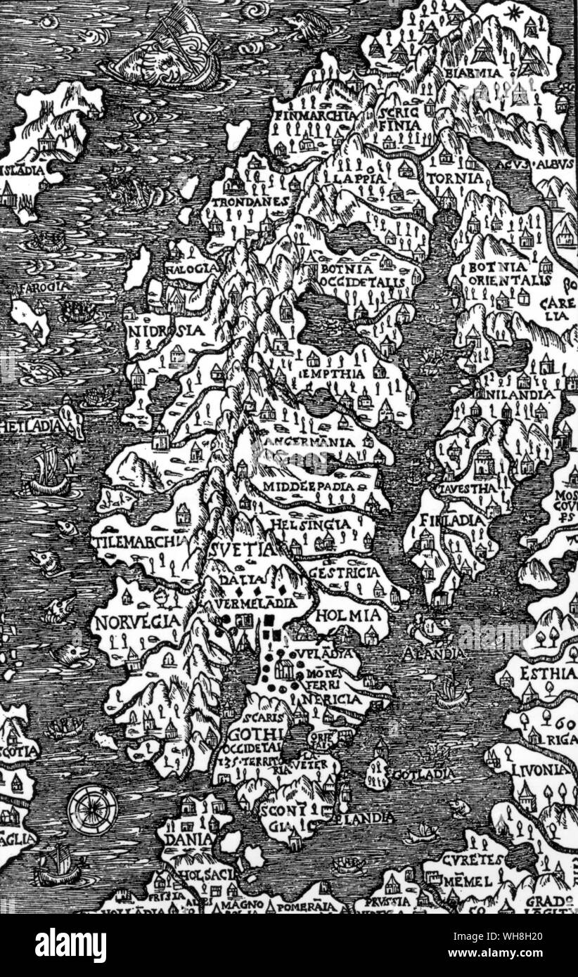 Olaus Magnus' mapa de Escandinavia. Olaus Magnus, o Magni (1490-1557) fue un escritor y eclesiástico sueco, quien llevó a cabo una labor pionera para el interés de la población nórdica. La apertura del mundo por David divino, página 54. Foto de stock