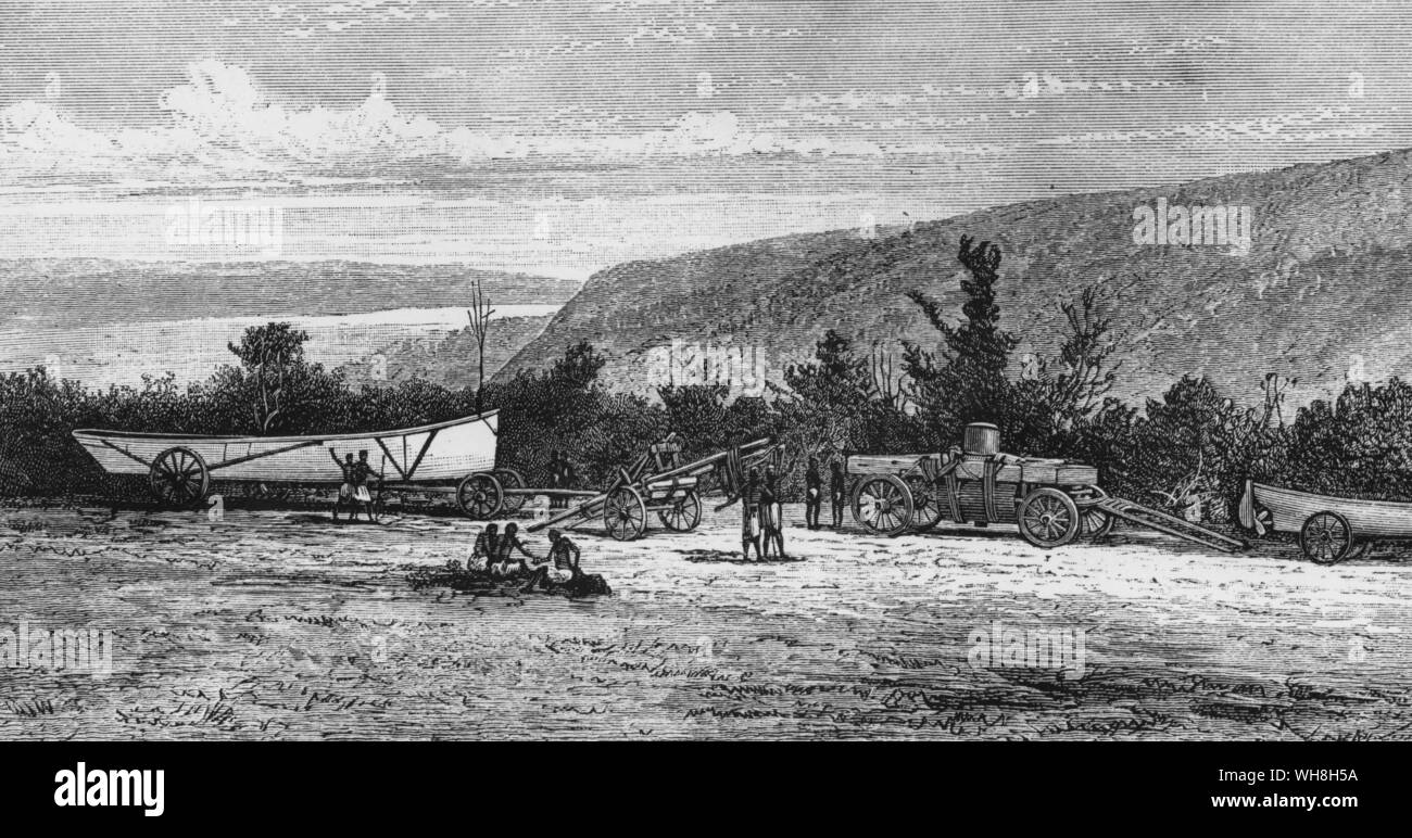 "Stanley se encontraba descansando en el campamento rodeado por los pontones de sus barcos hundidos...' Sir Henry Morton Stanley (también conocida como Bula Matari, Rompedor de rocas en Congo), nacido John Rowlands (1841-1904), fue un 19th-century, nacido en Gales, periodista estadounidense y el explorador famoso por su exploración de África y su búsqueda de David Livingstone. La aventura africana - una historia de África, los exploradores por Timothy Severin, página 264. Foto de stock