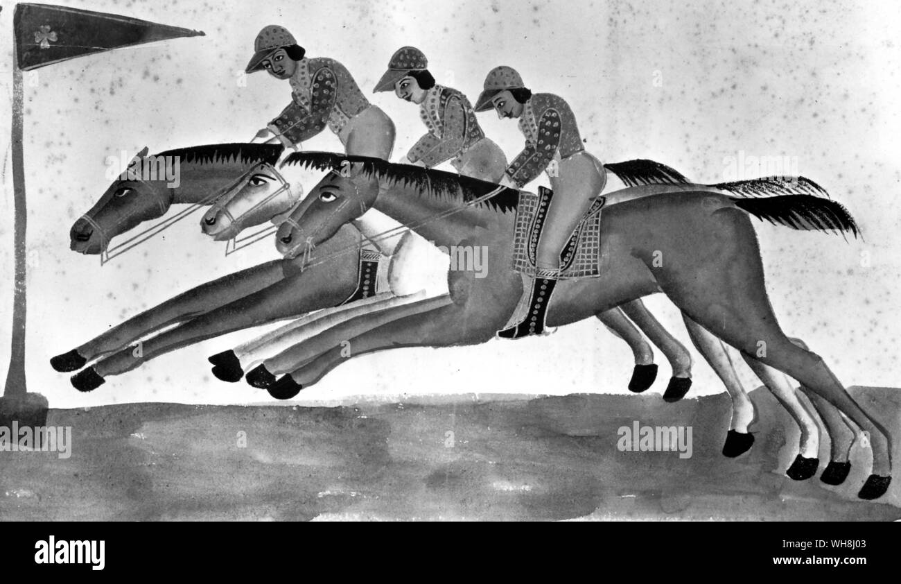 Esta acuarela, c.1830, que es la obra de un pintor Kalighat de Bengala. Racing es por ahora muy extendida y popular, y Calcuta fue su sede. No cabe duda de que el artista vio, pero su diseño se dice que debe tanto al inglés se imprime como para observación. therre es, sin duda, un fuerte aspecto de John Nost Sartorius e incluso James Seymour en la posiciones estilizadas de los caballos. La historia de las carreras de caballos por Roger Longrigg, página 267. Foto de stock