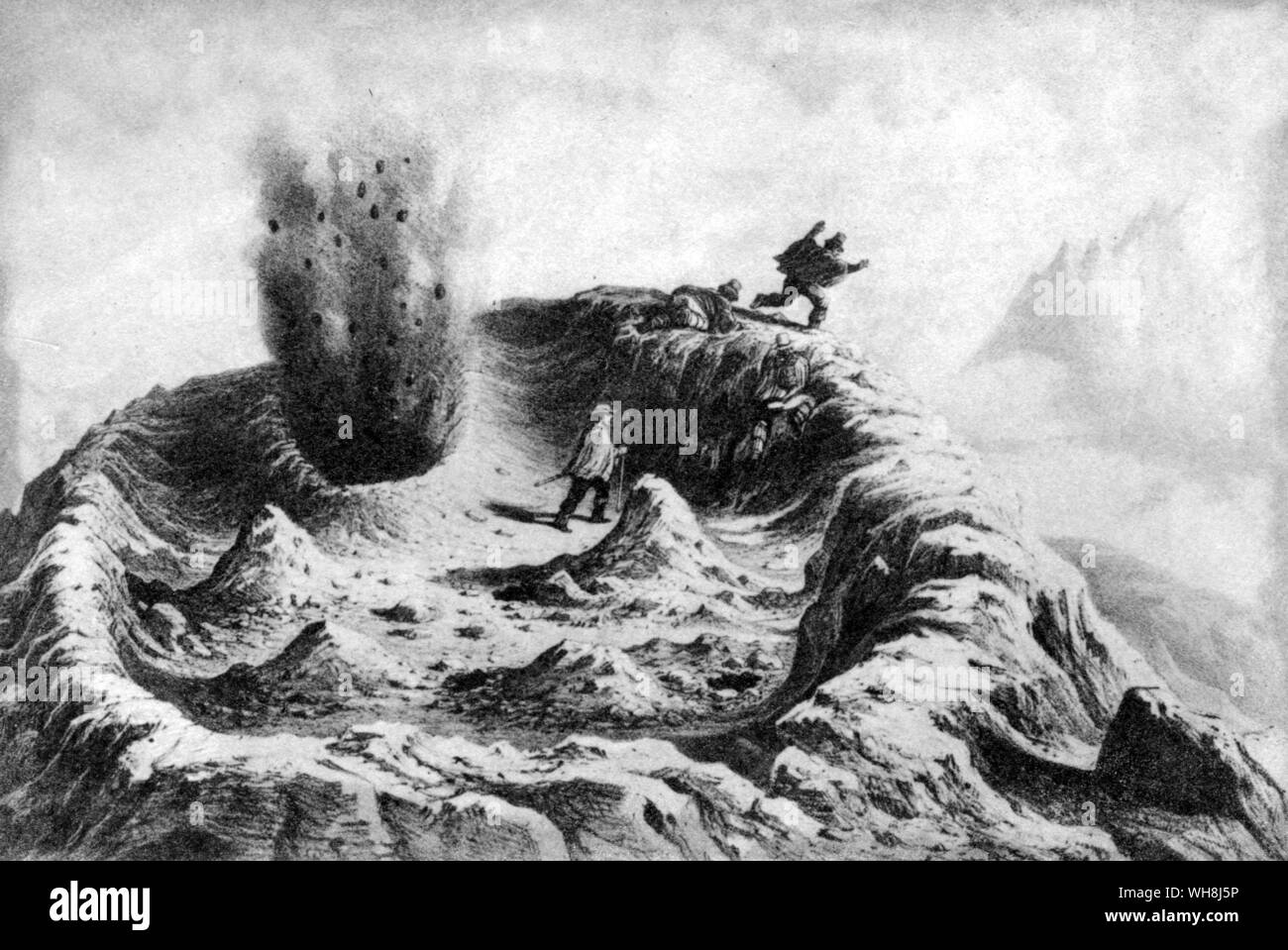 El cráter del volcán Antuco al comienzo de la erupción de 1854, por Pierre Frederic Lehnert. Darwin y el Beagle por Alan Moorhead, página 166. Foto de stock