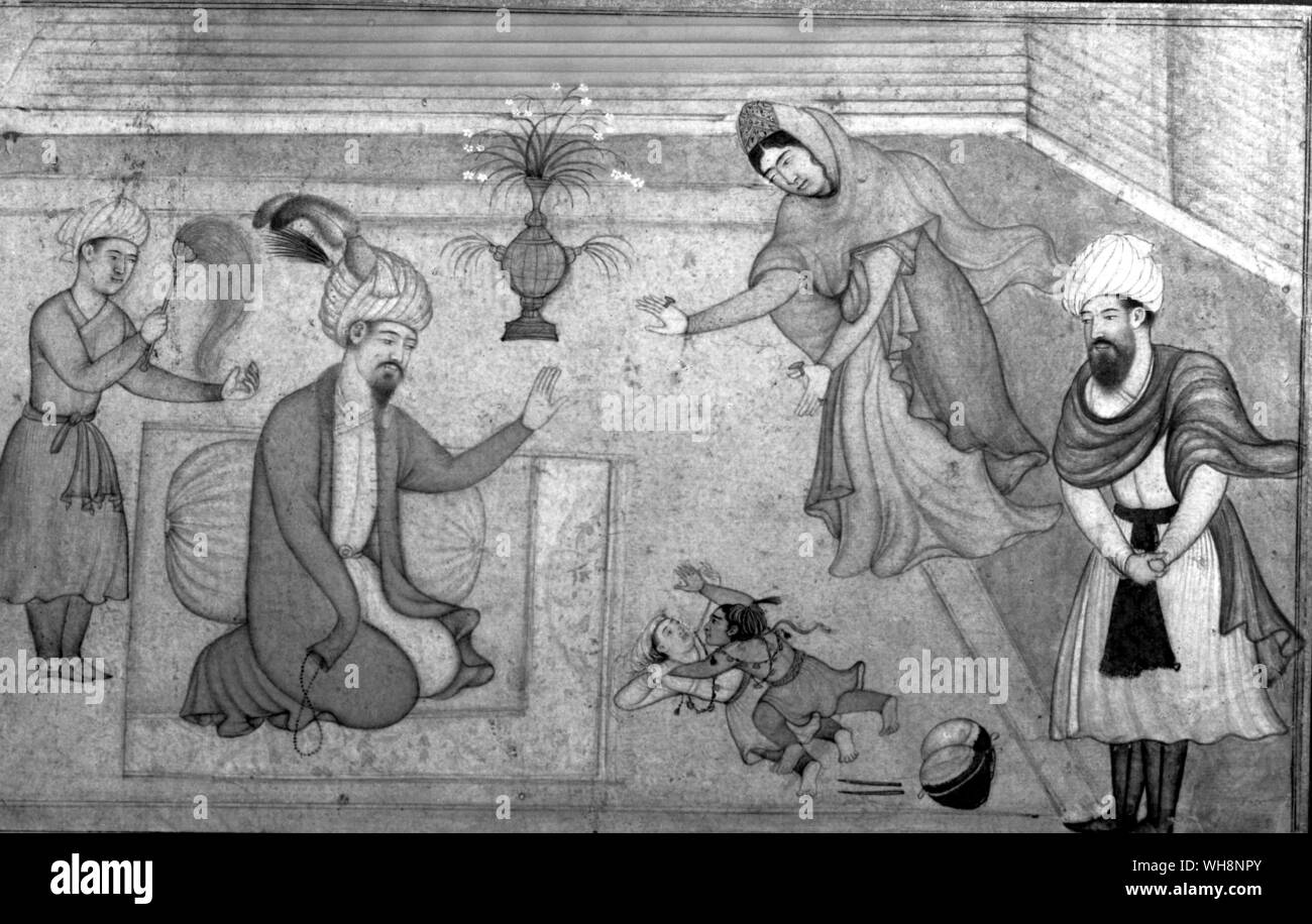 Los dos años de edad, Akbar luchando con su primo para un tambor pintado: siglo xvii Foto de stock