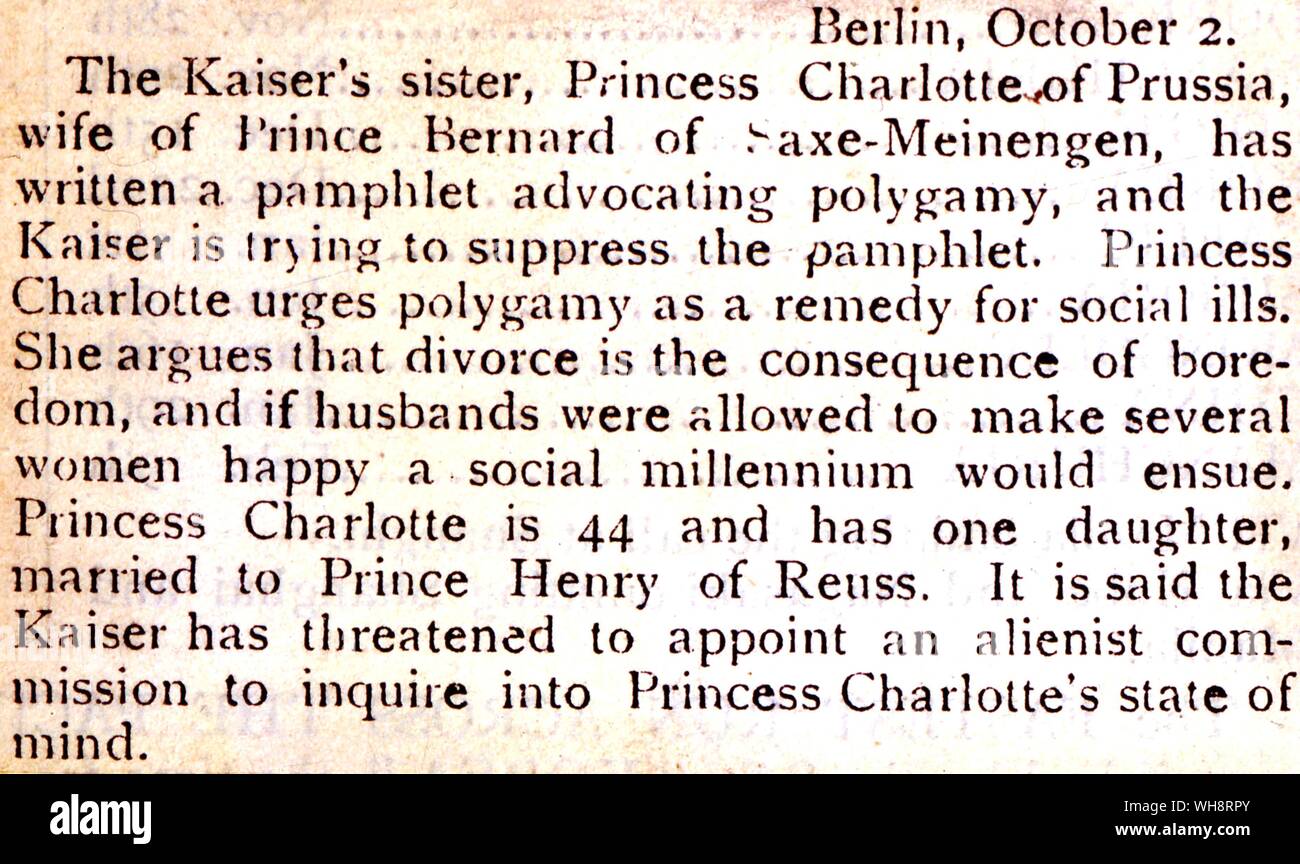 Un artículo de periódico acerca de la Princesa Charlotte de Prusia la advocación de la poligamia. 1904. Foto de stock