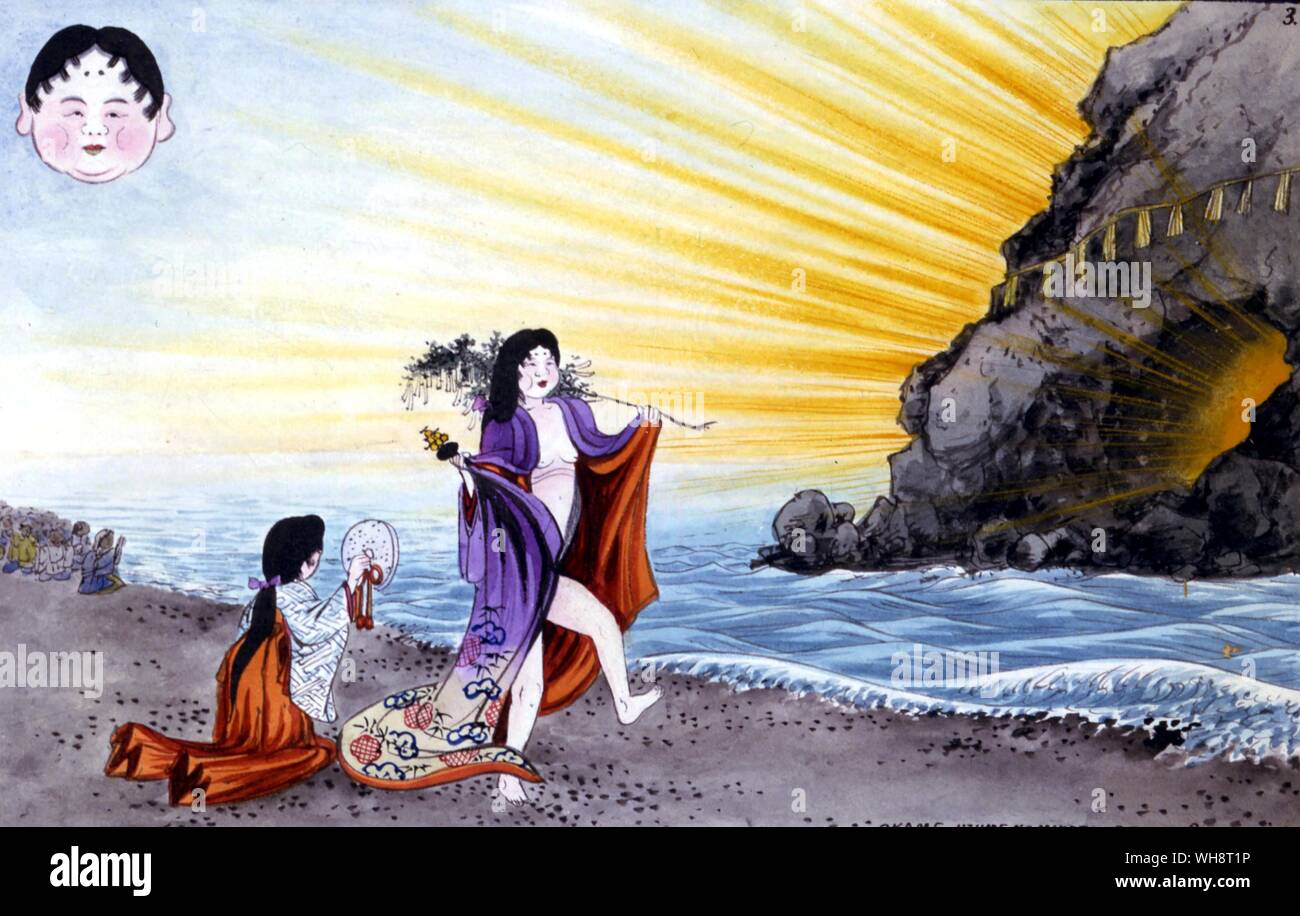 Mitología japonesa. O-Tafuku la diosa del placer, la grasa de la cara sonriente Okame quien representa la locura. Foto de stock