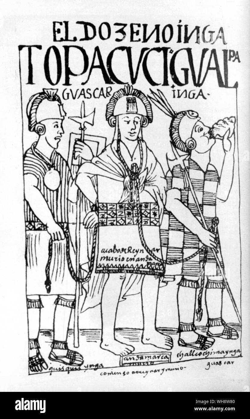 Atahualpa, en cautiverio, se las arregló para enviar órdenes para el rival, el Inca Huáscar, para ser puesto a la muerte. El Codex peruano titulado "Nueva coronica y buen gobierno', compilado por Felipe Huaman Poma de Ayala,, completado en 1613 Foto de stock