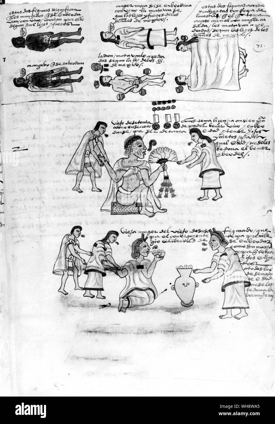 Las penas fueron severas en la sociedad azteca. Los culpables de la borrachera, el robo y el adulterio fueron condenados a muerte por lapidación (como se muestra en la parte superior), pero las personas mayores fueron autorizados a emborracharse (como se muestra en la parte inferior). El Codex Foto de stock
