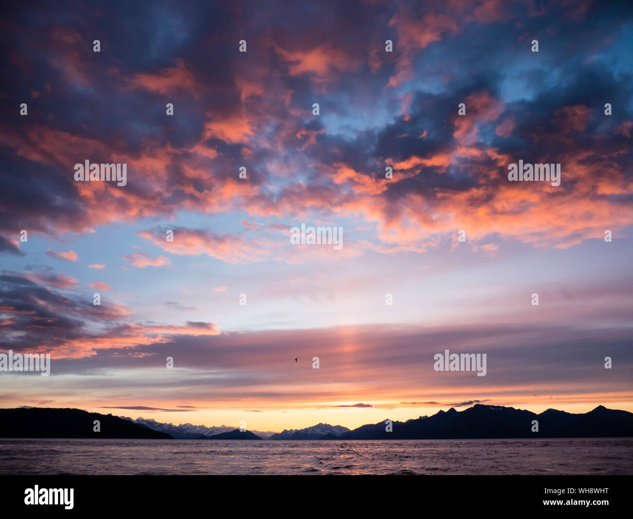 Atardecer en el parque nacional de Glacier Bay y preservar, al sureste de Alaska, Estados Unidos de América, América del Norte Foto de stock