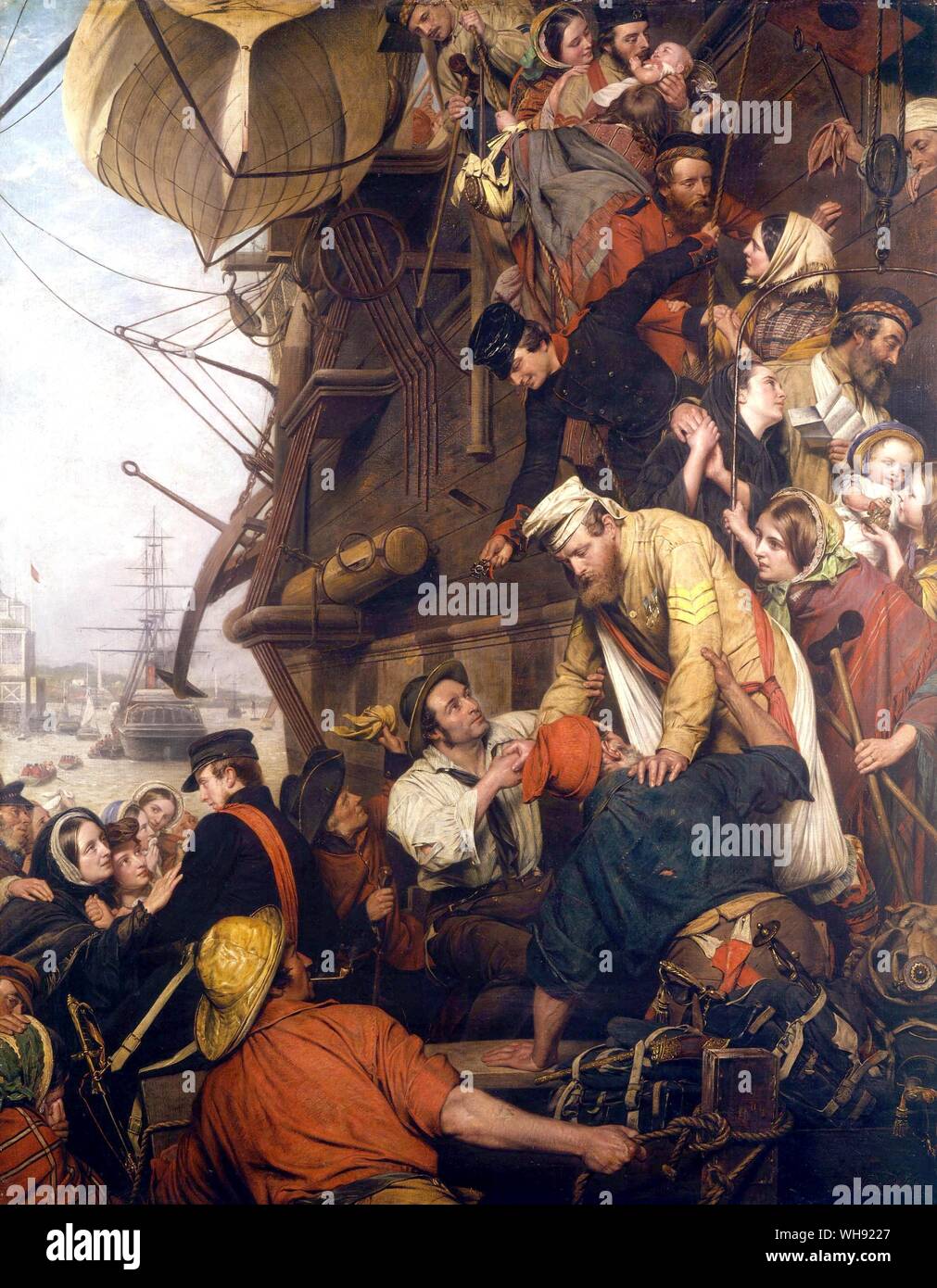 Nuevo hogar - 1858. Por Henry Nelson O'Neill (1817-80). Colección privada - Consejo Nacional de Museo del Ejército, Londres, Reino Unido. De nuevo en casa, muestran a soldados de desembarcar desde un troopship en Gravesend, regresando del Motín indio (1857-1859). Hacia el este de la ciudad de Ho! Agosto de 1857, por Henry Nelson O'Neil muestra el drama vivo de soldados a bordo de un barco en Gravesend. Ellos están dejando a luchar en el Océano 'Mutiny' - la primera guerra de independencia india en 1857. El compañero de pintar de nuevo en casa, 1858 muestra el regreso de los soldados un año más tarde. Foto de stock