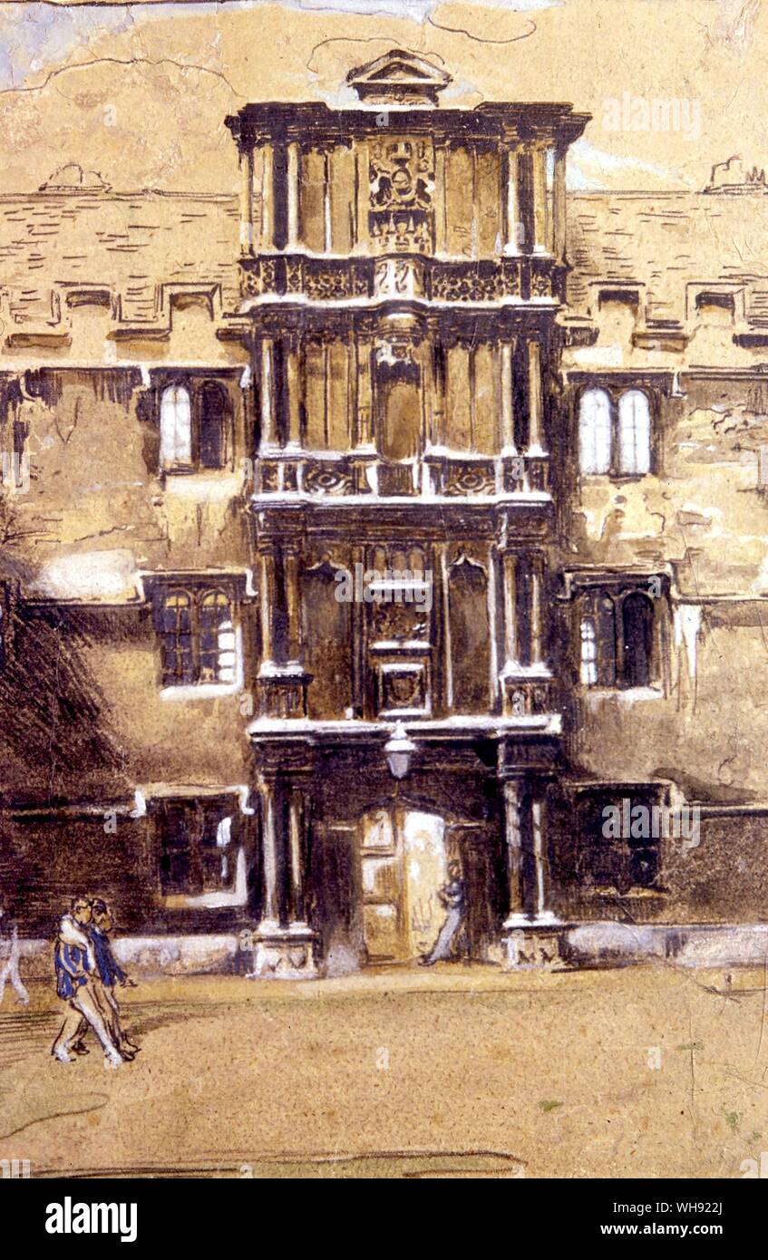 Merton College Gateway 1904. Por Sir William Nicholson (1872-1949), un pintor británico, también conocido por su trabajo como ilustrador. El Merton College es uno de los colegios constituyentes de la Universidad de Oxford en el Reino Unido. Foto de stock