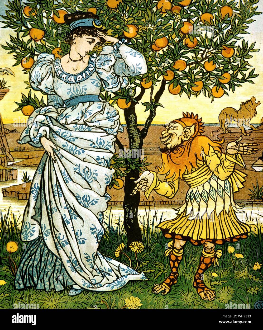 El enanismo amarillo de la historia. Ilustración de Walter Crane, 1876. "Observar bien mi princesa, antes de darme su palabra", dijo el enano amarillo. Foto de stock