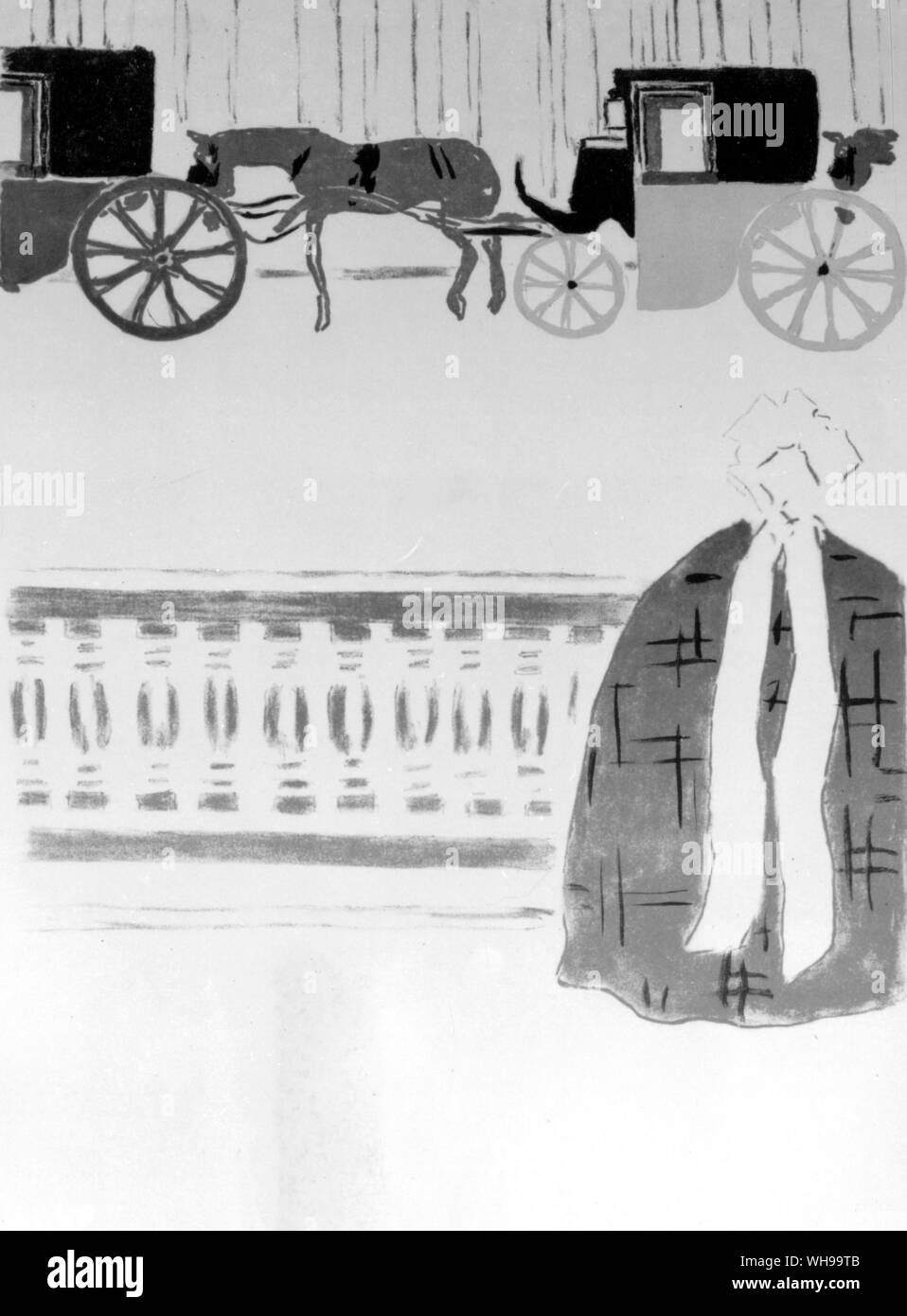 Una parte de la pantalla de cuatro hojas litográfica por Bonnard, una brillante composición de la manera japonesa - nursemaids y hansom taxis, Foto de stock