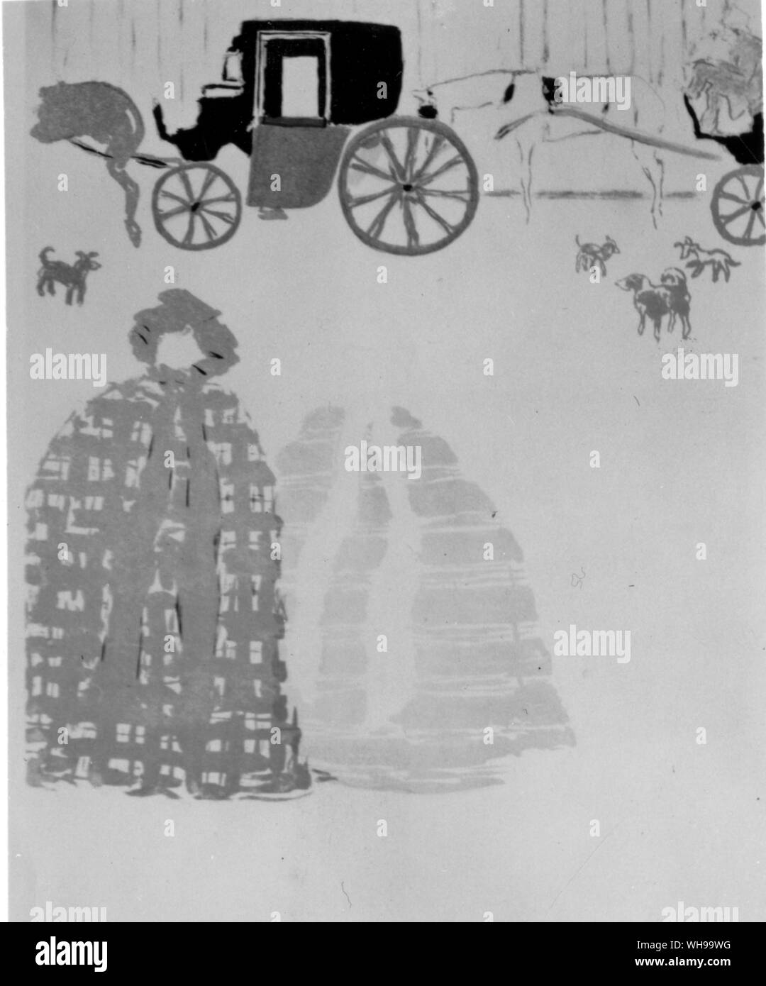 Una parte de la pantalla de cuatro hojas litográfica por Bonnard, una brillante composición de la manera japonesa - nursemaids y hansom taxis, Foto de stock