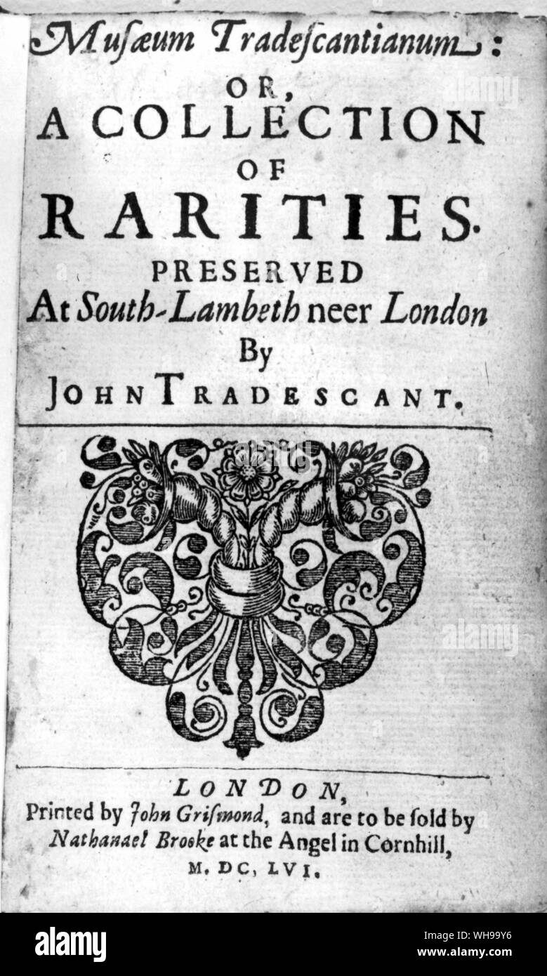 Título de la página 1661 Catálogo de la colección Tradescant, que fue posteriormente para formar la base del Ashmolean Museum Foto de stock
