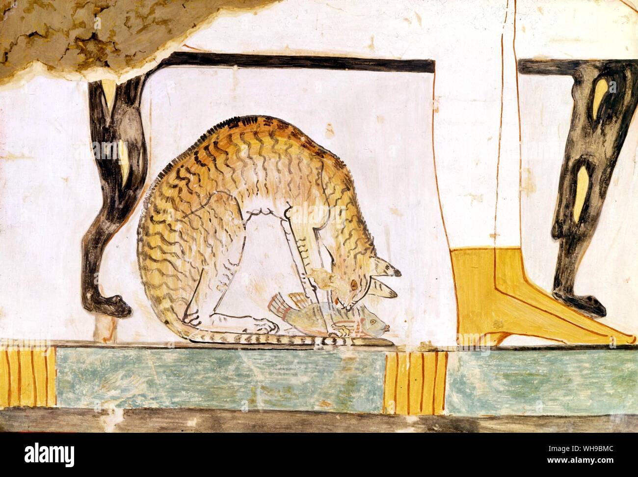 Tumba egipcia Pintura de gato bajo presidencia Foto de stock