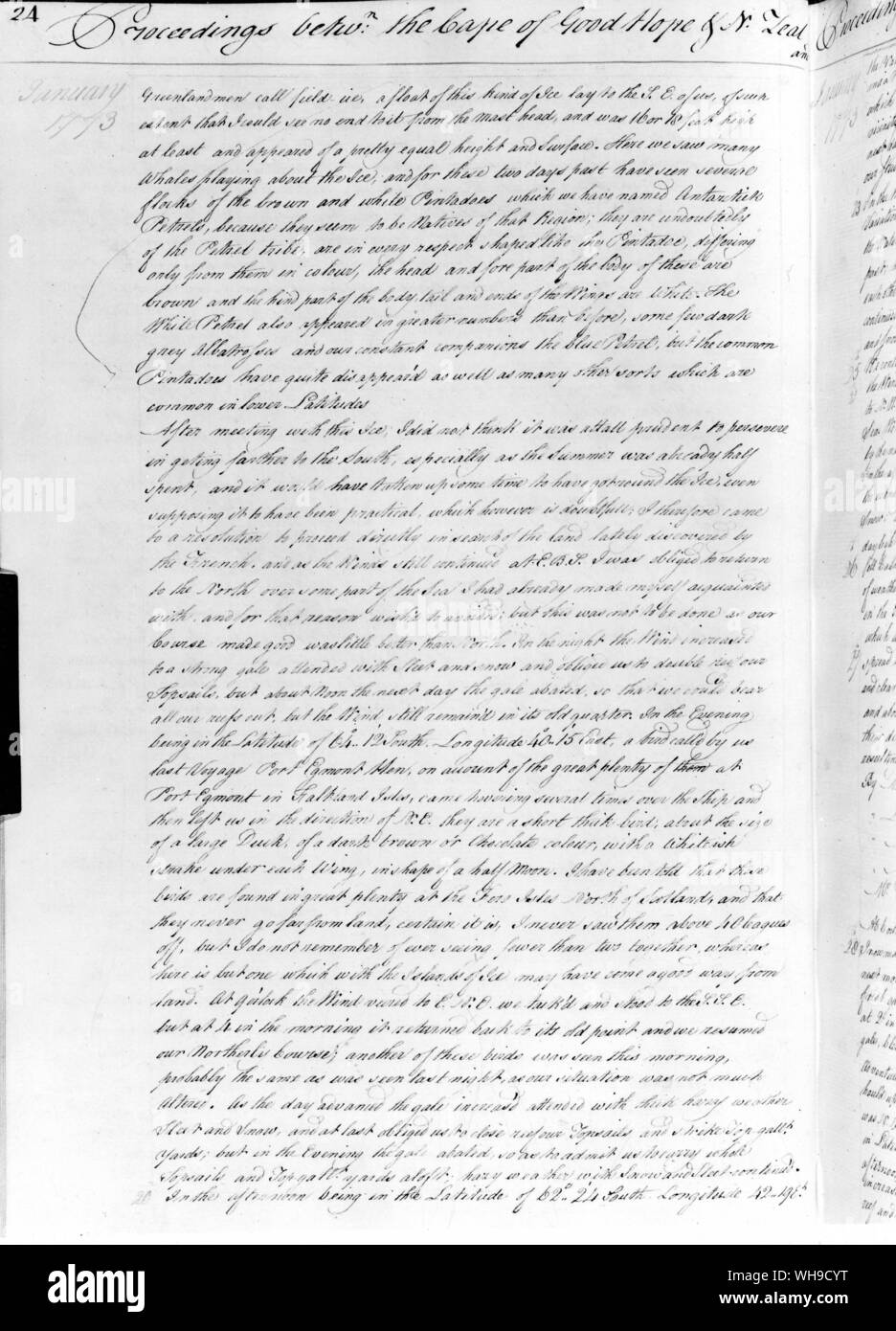 El Capitán James Cook's Journal, en su propia escritura en enero de 1773. James Cook (1728-1779) Foto de stock