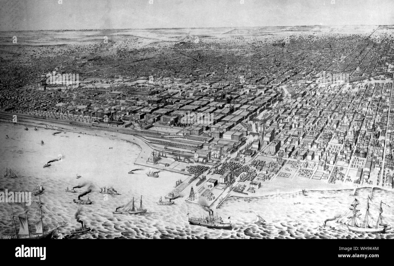 Vista a vuelo de pájaro de Chicago 1879 Foto de stock
