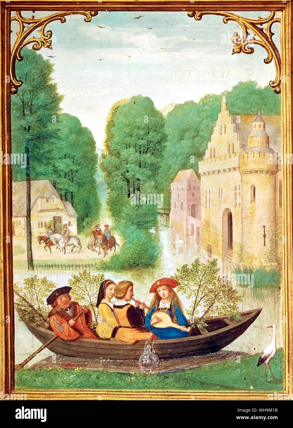 Manuscrito de Flandes a principios del siglo 16 del Libro de Horas del mes de mayo Foto de stock