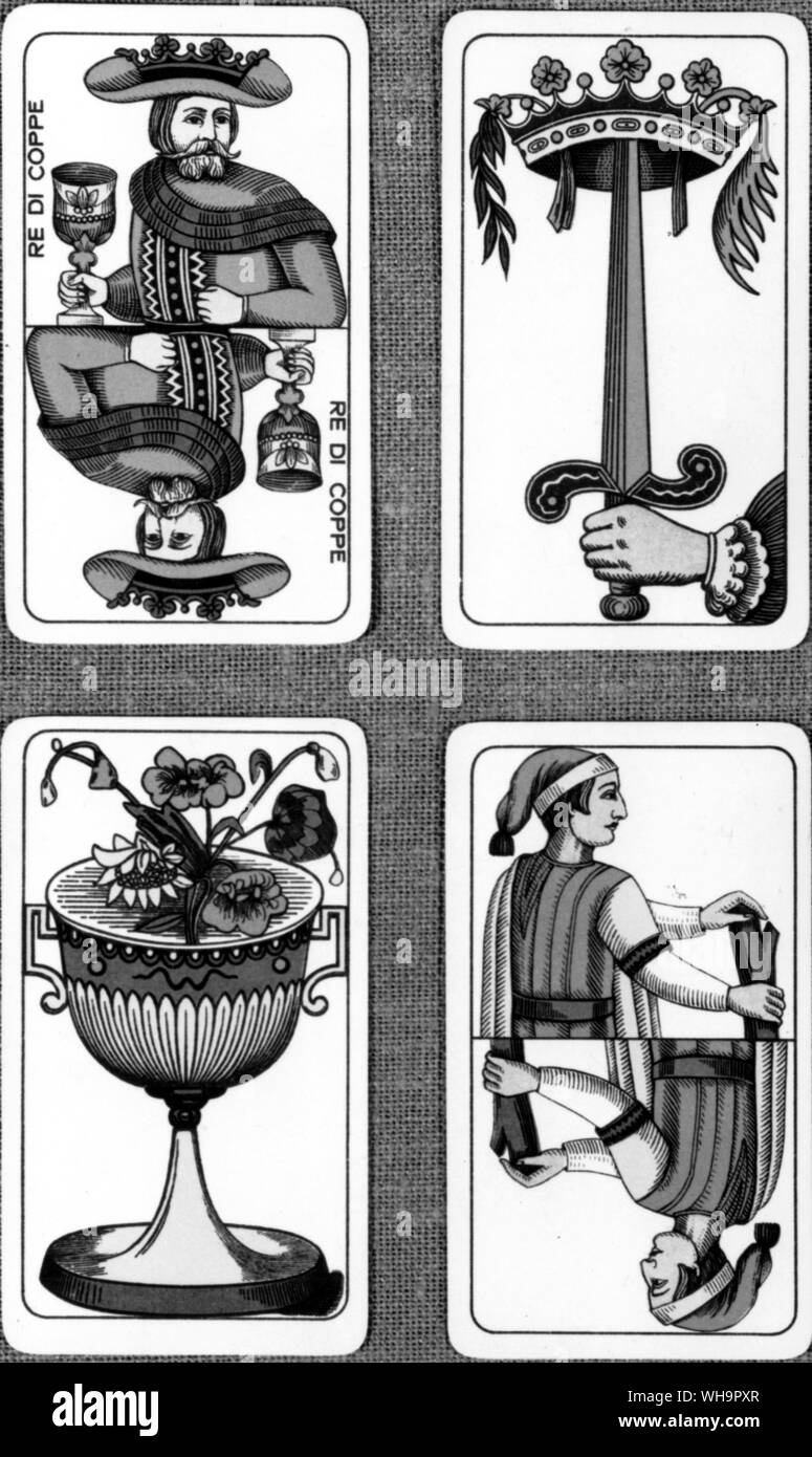 Cartas del Tarot - (parte inferior izquierda) el ACE desde un paquete piamontesa del siglo XX. Foto de stock