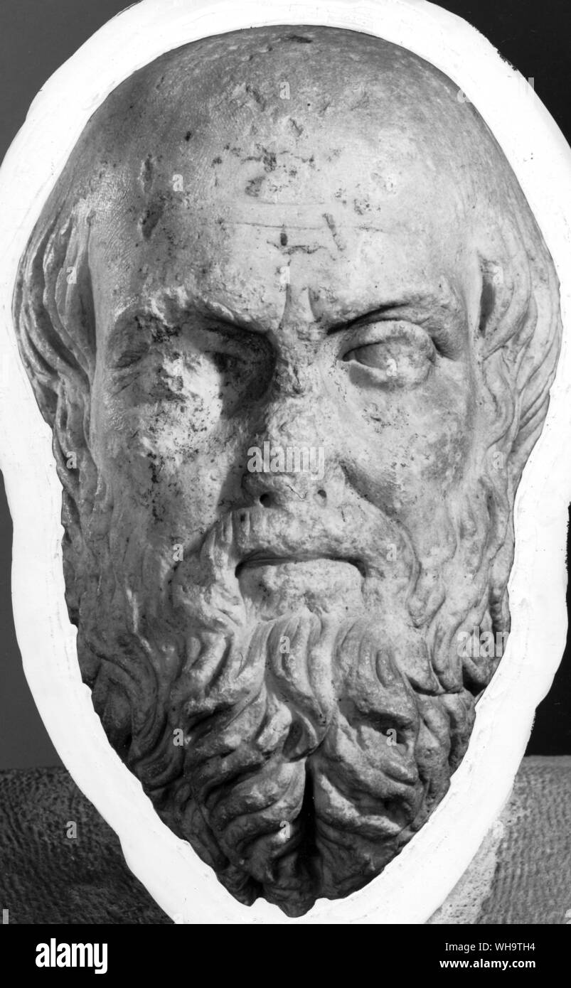 Un calvo y barbudo, intelectual quizás Herodoto, copia de una obra de la época clásica. Foto de stock