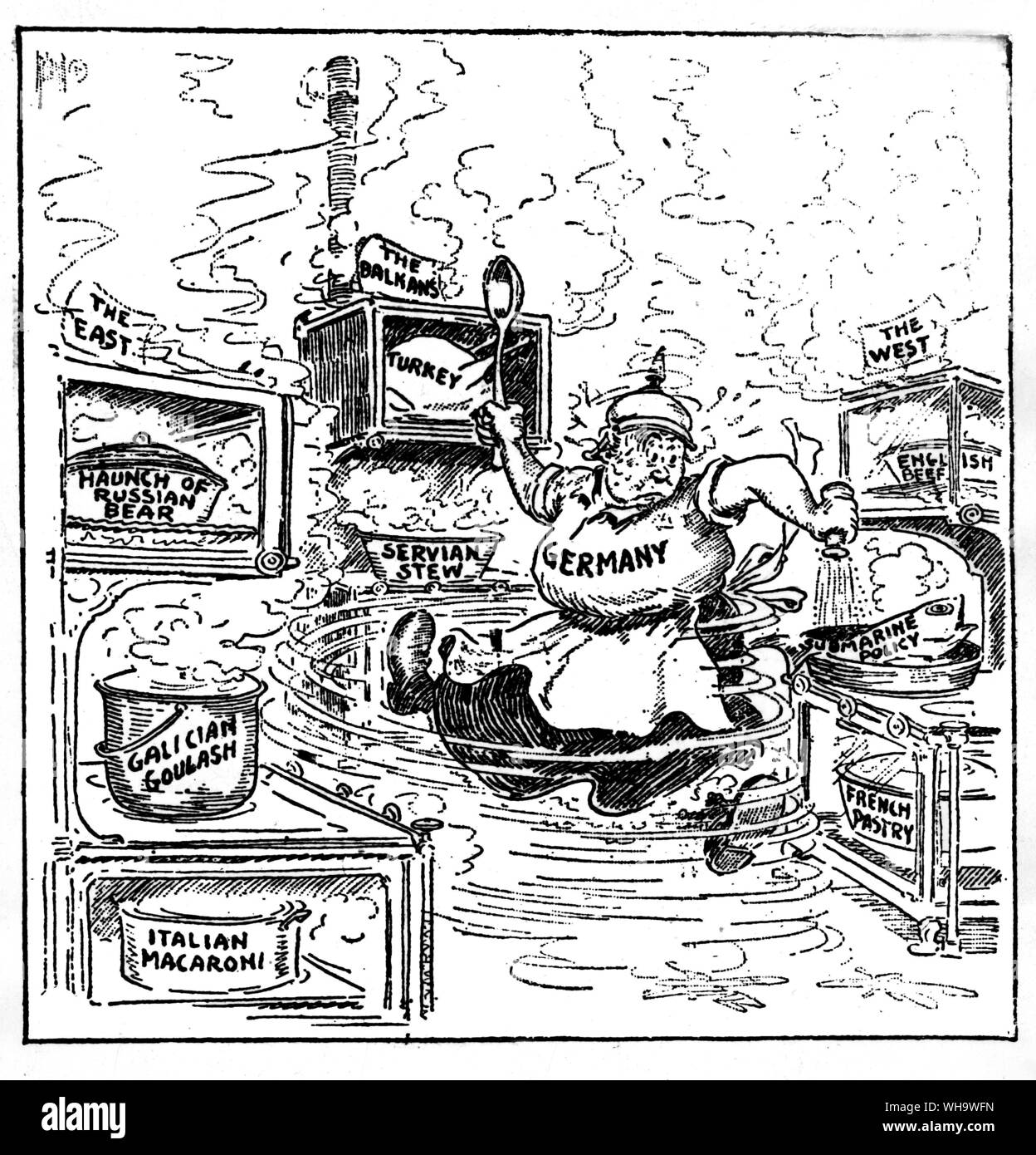 WW1/ caricatura muestra el incumplimiento por parte de Alemania de no golpear al oeste y luego complir gto east, pero fue completamente enredada. Foto de stock