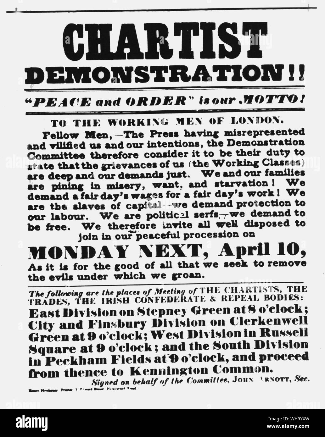 Cartel de chartist demostración, 1848. Foto de stock