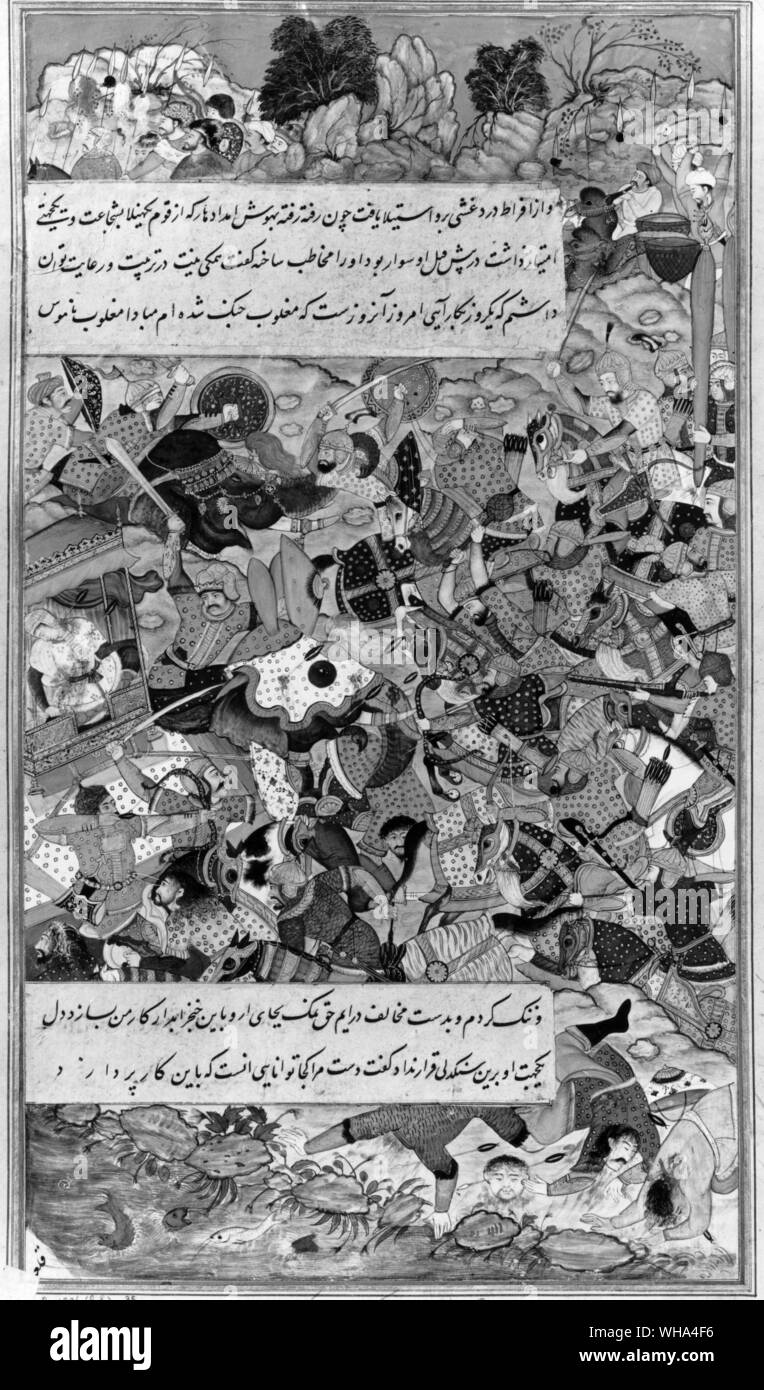 La muerte heroica de Rani Durgavati de Gondwana en 1564. Artistas: Kisu el starez, diseño del esbozo, Jagnata (pintura) de finales del siglo XVI. Foto de stock
